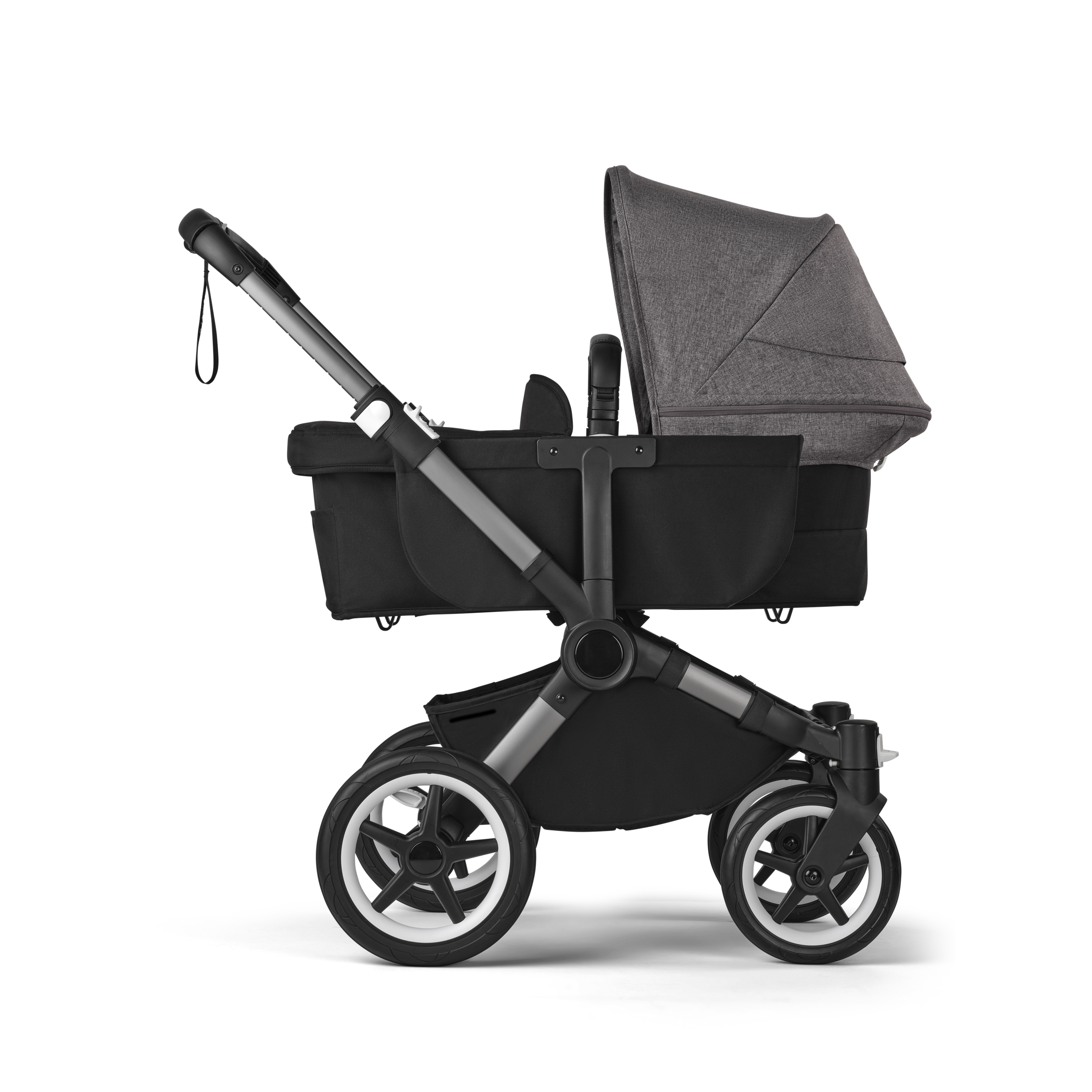 Refurbished Bugaboo Donkey 5 Mono bassinet and seat stroller graphite base, midnight black fabrics, grey mélange sun canopy - Thumbnail Slide 3 of 11