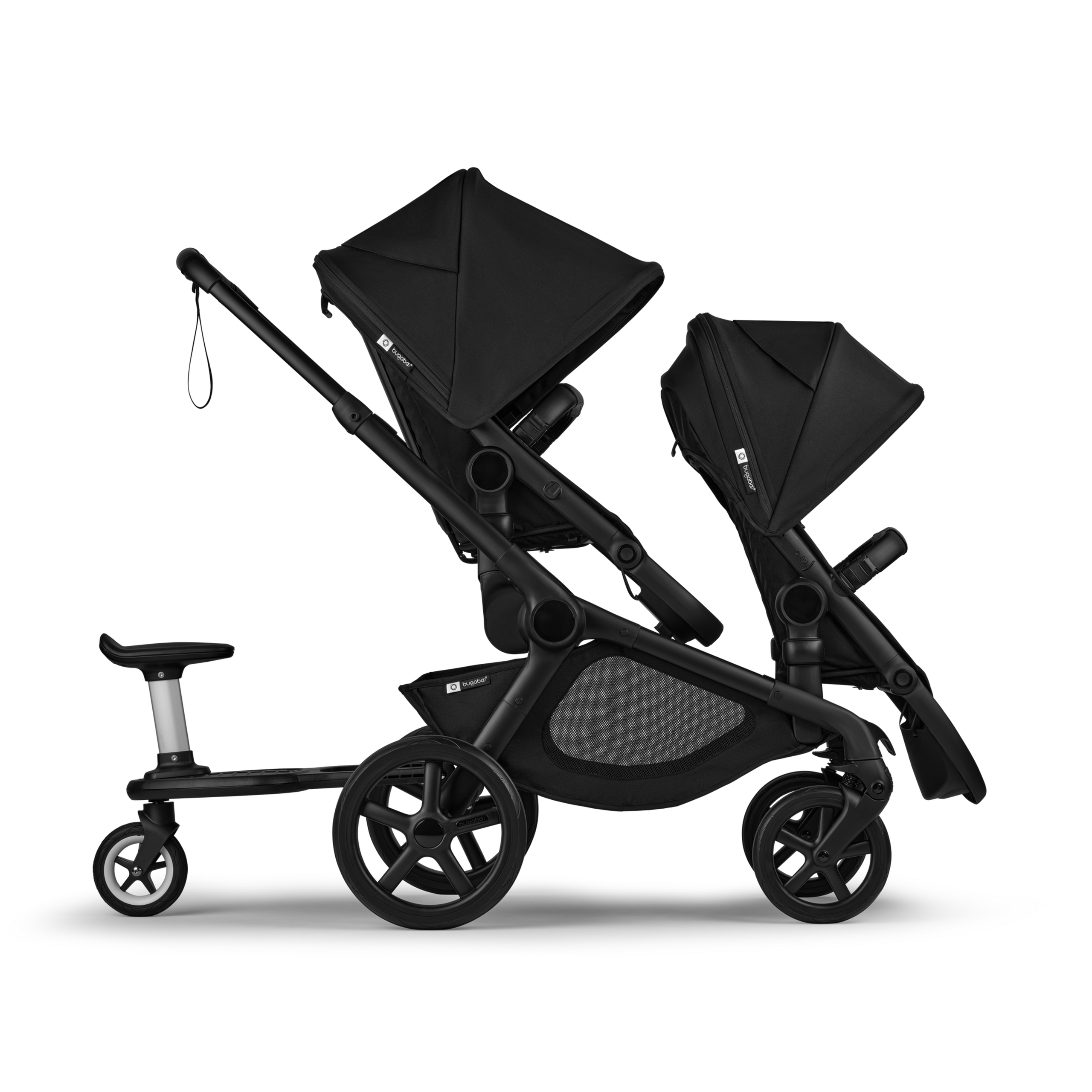 Bugaboo Kangaroo 2-in-1 tandem stroller with two seats and a wheeled board, with Midnight Black fabrics and Midnight Black sun canopies. - Thumbnail Slide 8 of 18