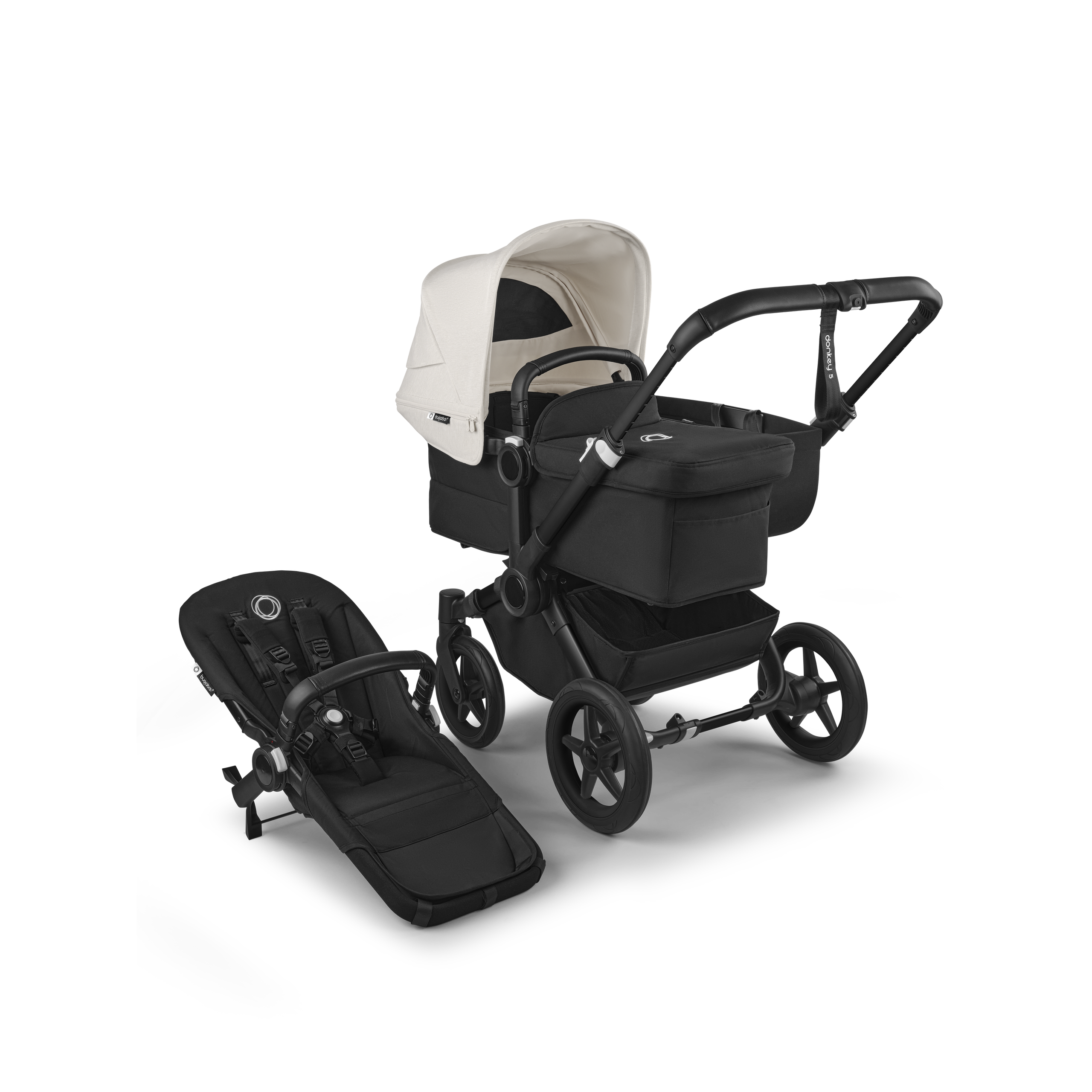 Bugaboo Donkey 5 Mono 2-in-1 stroller black base, midnight black fabrics, misty white sun canopy - Thumbnail Slide 1 of 11
