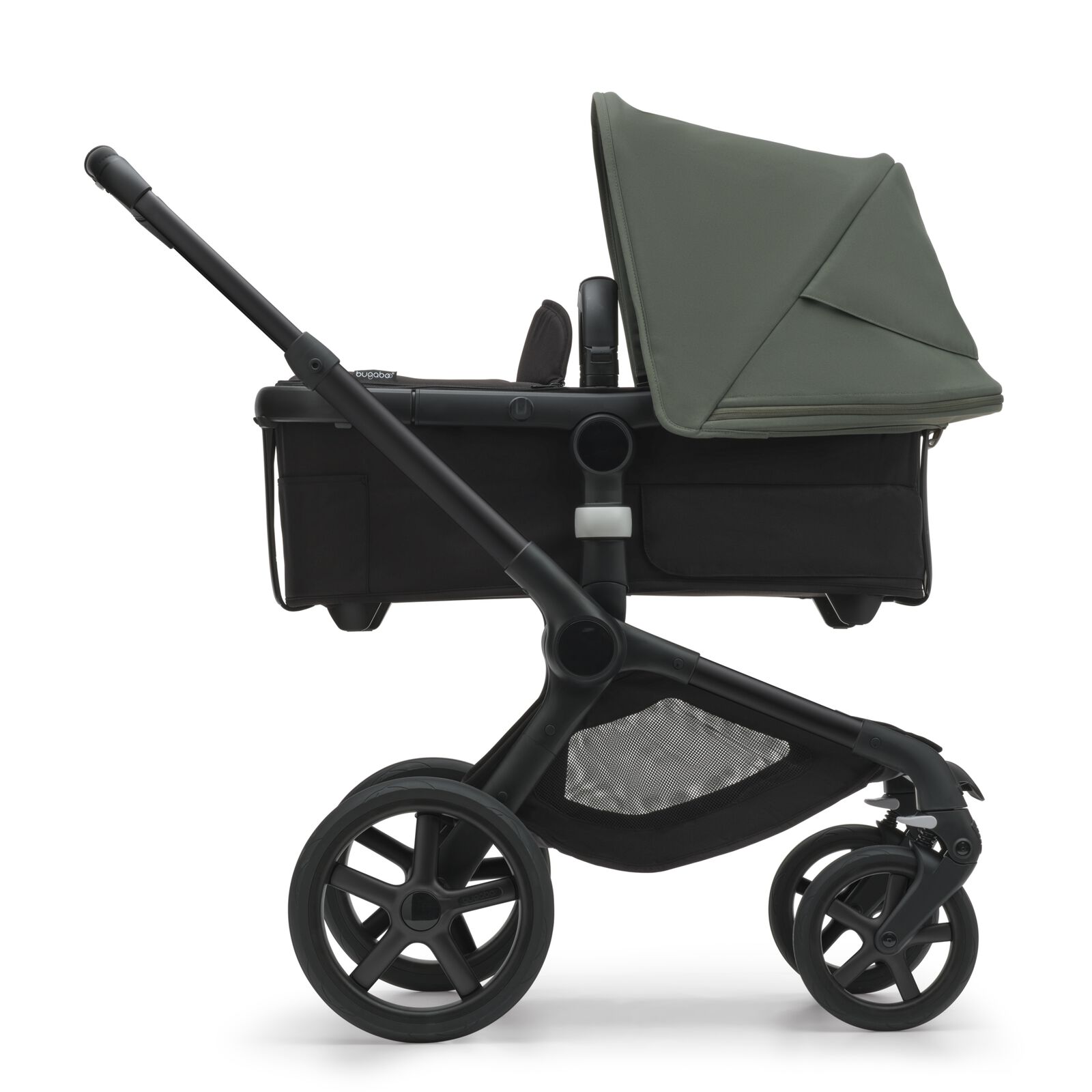 Side view of the Bugaboo Fox 5 bassinet stroller with black chassis, midnight black fabrics and forest green sun canopy.