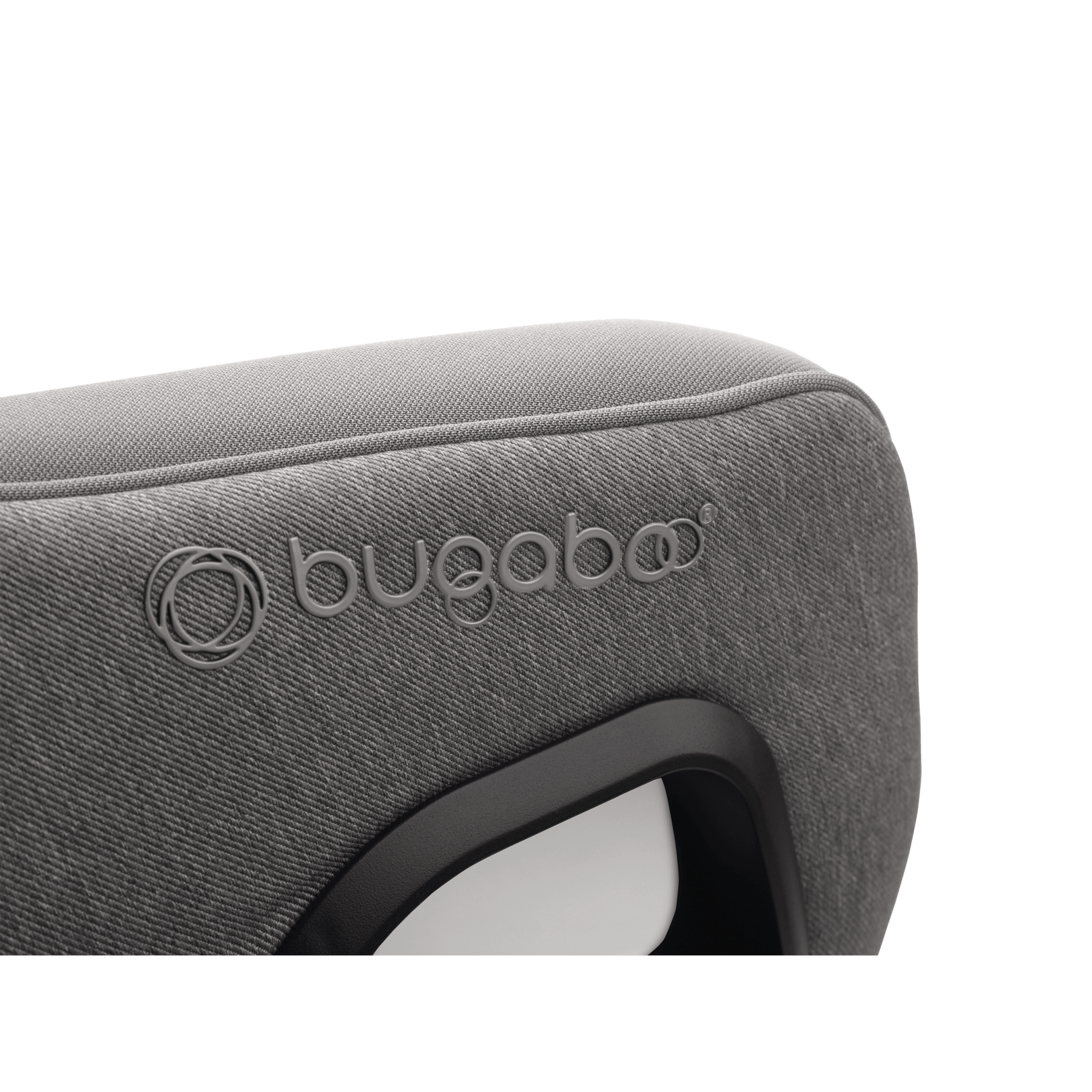 Close up of the embossed Bugaboo logo on the Bugaboo Owl by Nuna car seat in grey fabrics. - Thumbnail Slide 11 of 13