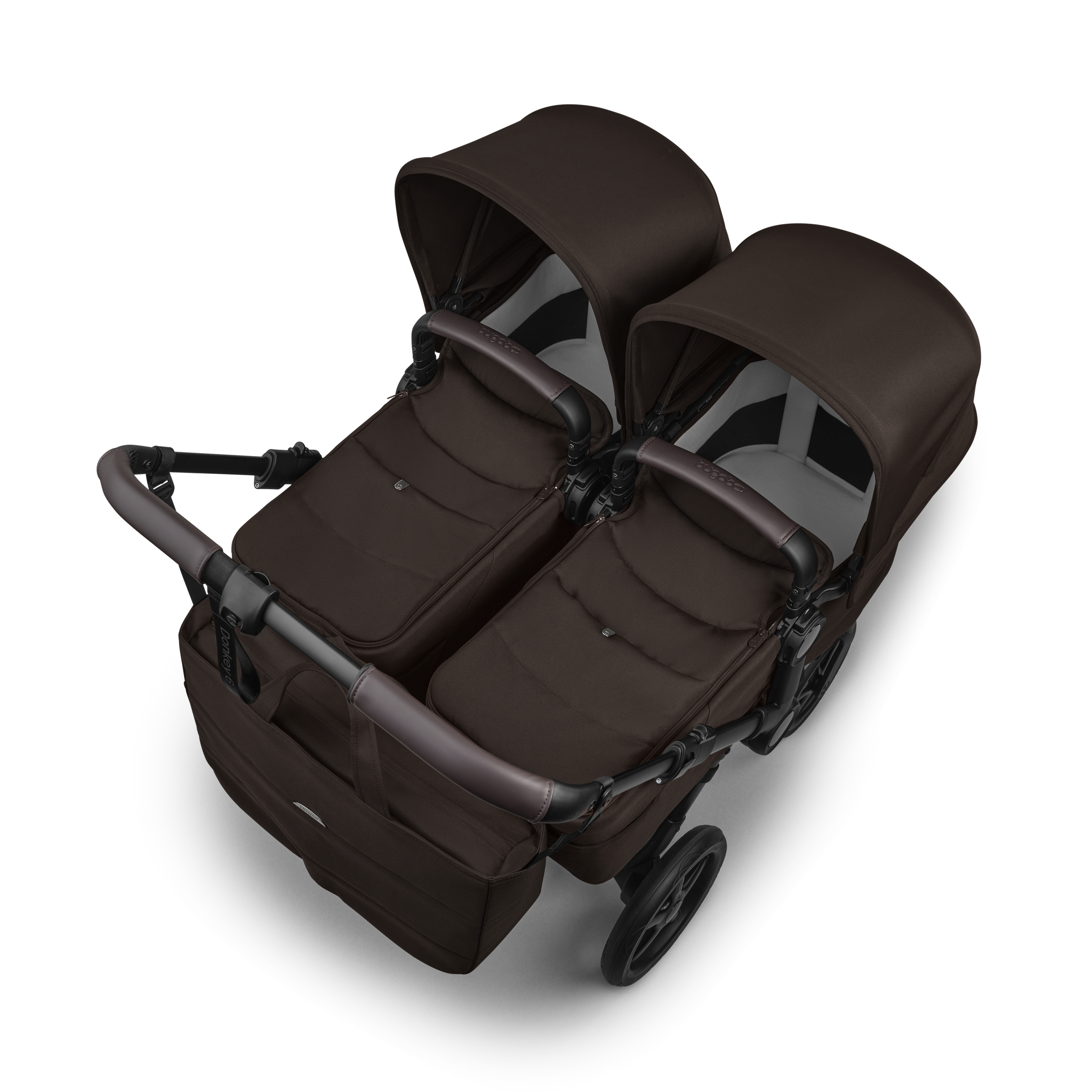 Bugaboo Donkey 6 twin stroller black base, cocoa brown fabrics, cocoa brown sun canopy view 3 - Thumbnail Slide 3 of 9