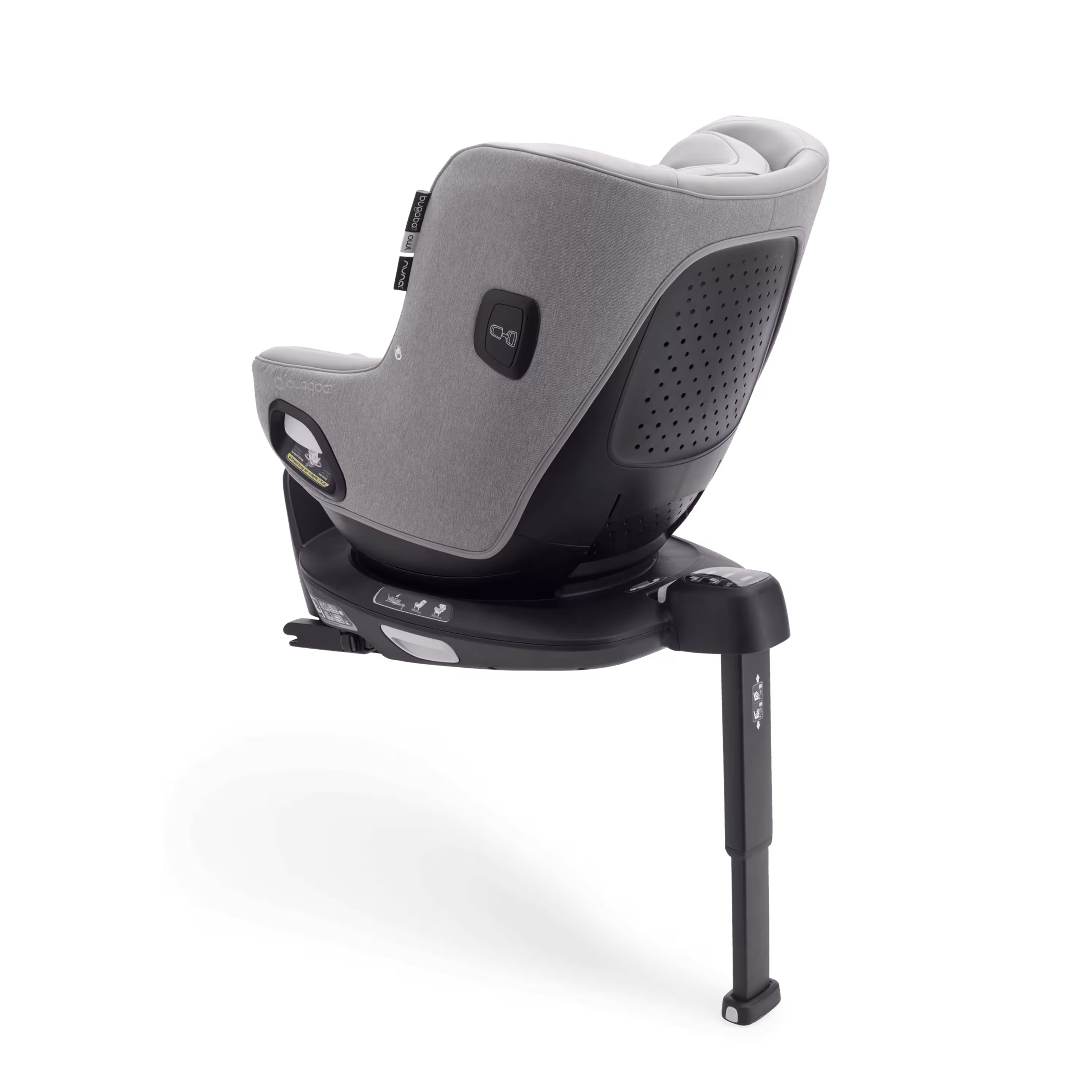 Back view of Bugaboo Owl by Nuna car seat in grey fabrics on the 360 ISOFIX Base, with stability leg extended. - Main Modal Image Slide 2 of 13
