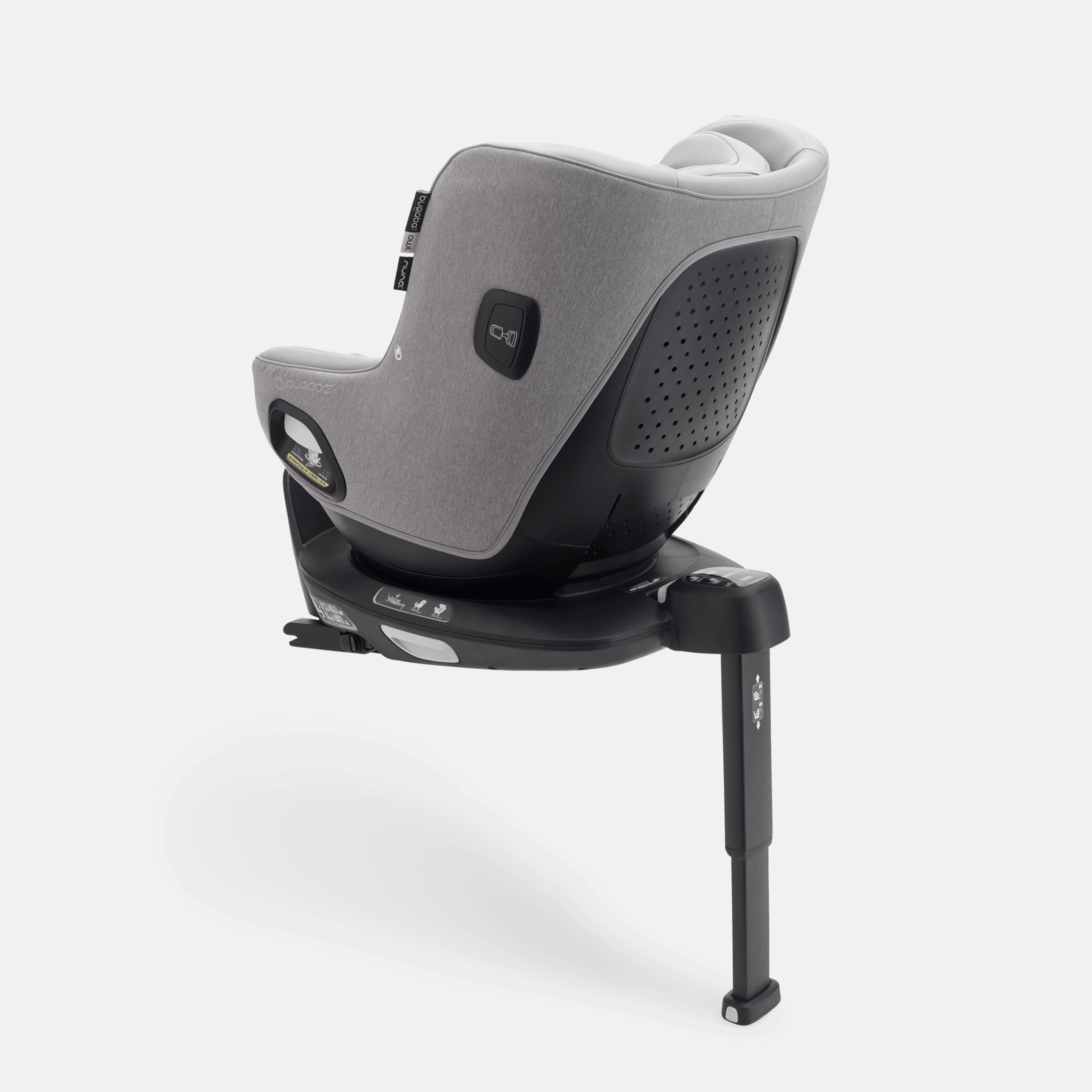 Back view of Bugaboo Owl by Nuna car seat in grey fabrics on the 360 ISOFIX Base, with stability leg extended. - Main Modal Image Slide 2 of 13