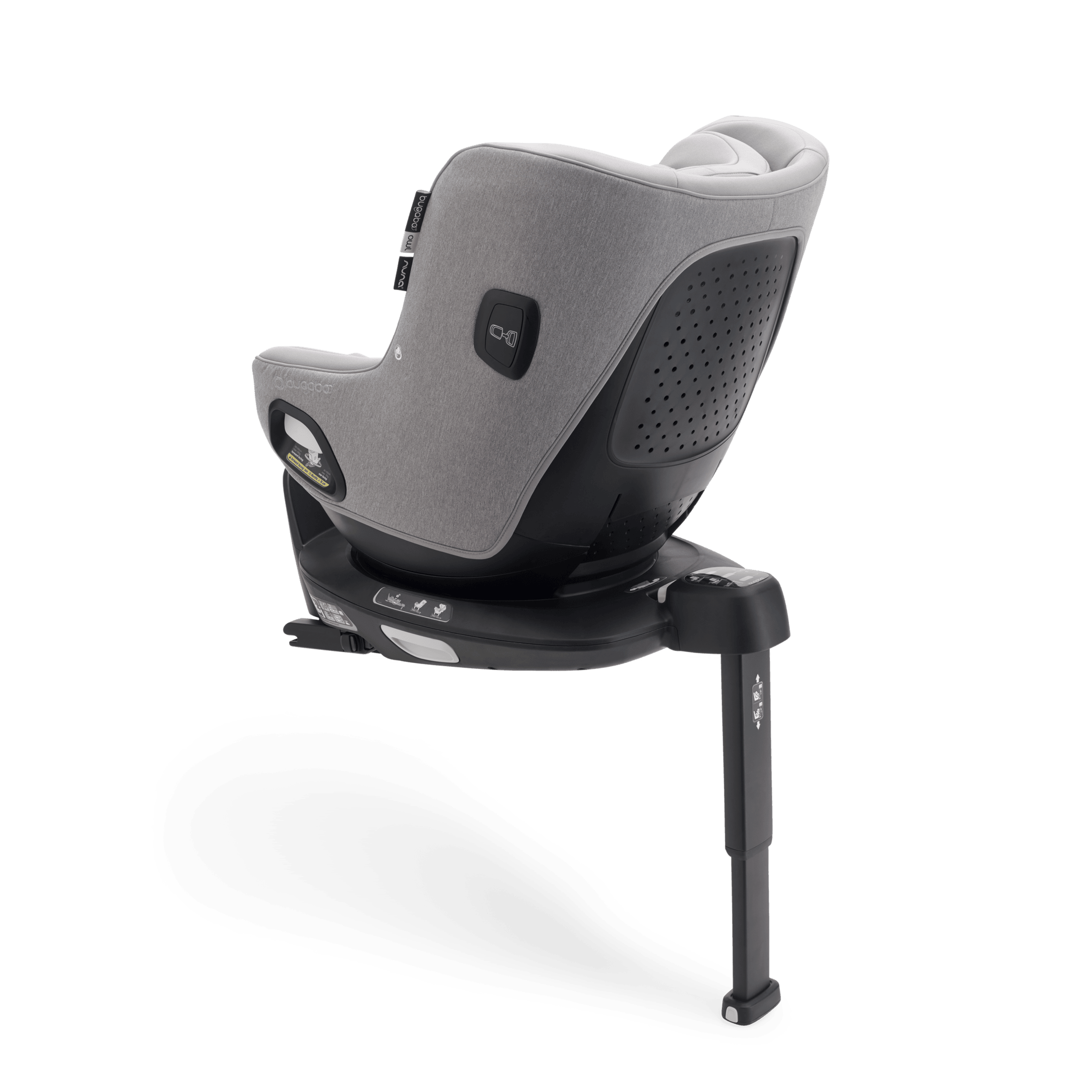 Back view of Bugaboo Owl by Nuna car seat in grey fabrics on the 360 ISOFIX Base, with stability leg extended. - Thumbnail Slide 2 of 13