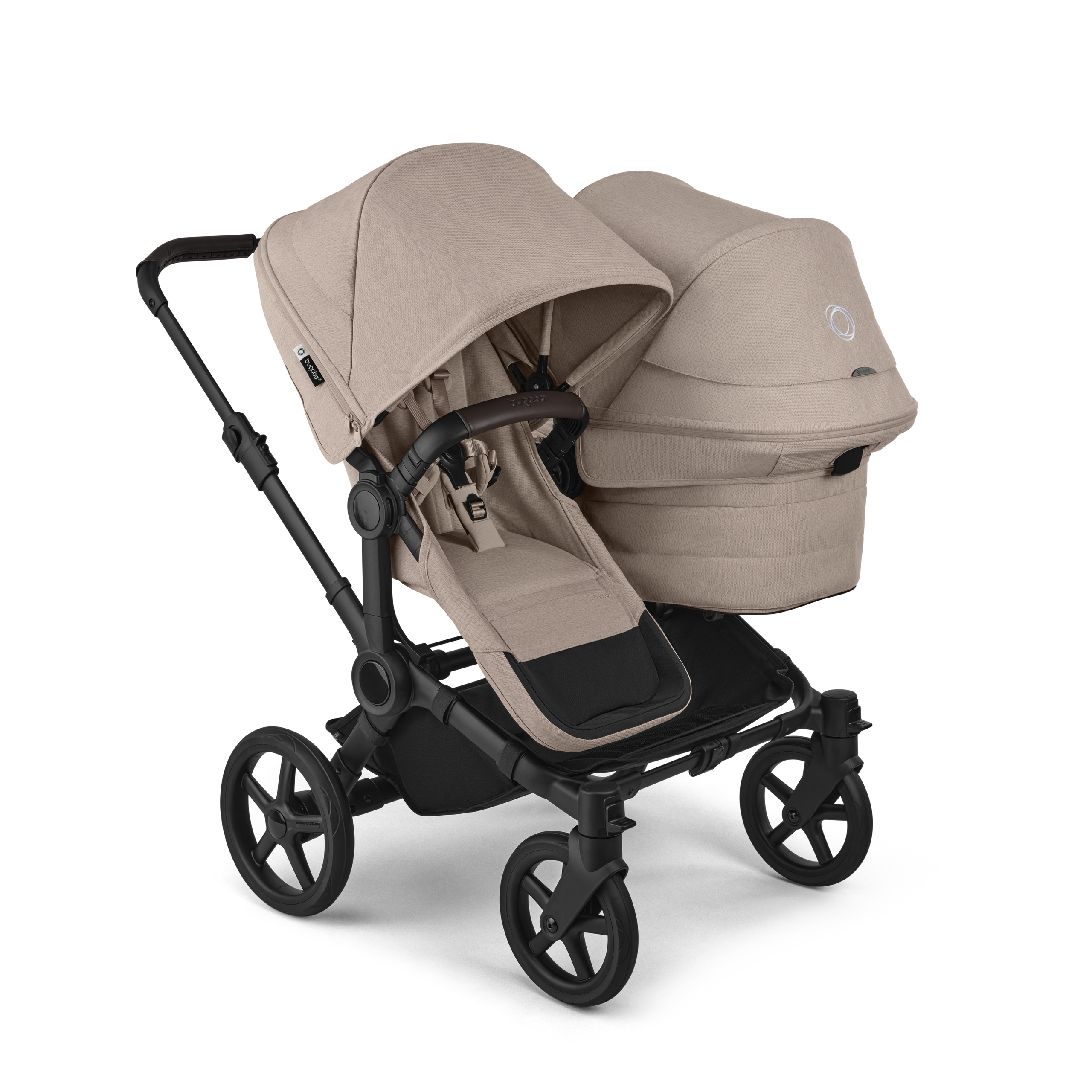 Bugaboo Donkey 6 double pushchair black base, desert taupe melange fabrics, desert taupe melange sun canopy - Thumbnail Slide 1 of 10