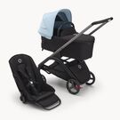 Bugaboo Dragonfly bassinet and seat pram with graphite chassis, midnight black fabrics and skyline blue sun canopy.