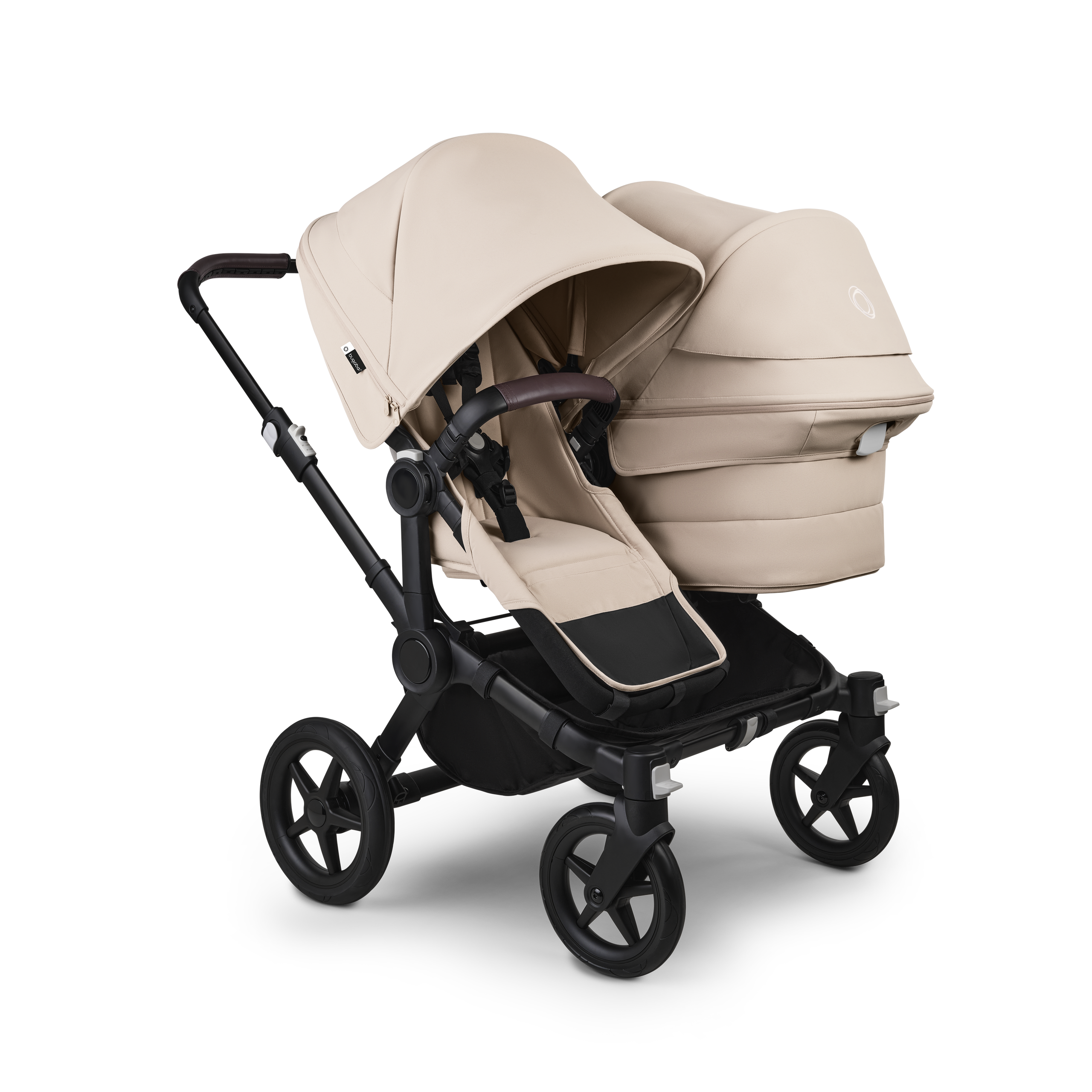 Bugaboo Donkey 5 Duo double pushchair black base, desert taupe fabrics, desert taupe sun canopy - Thumbnail Slide 1 of 10