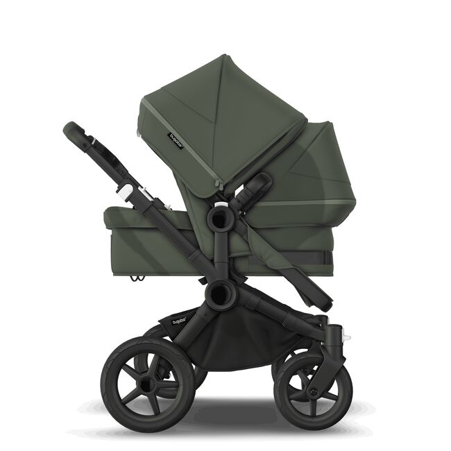 Bugaboo Donkey 5 Duo bassinet and seat stroller black base, forest green fabrics, forest green sun canopy