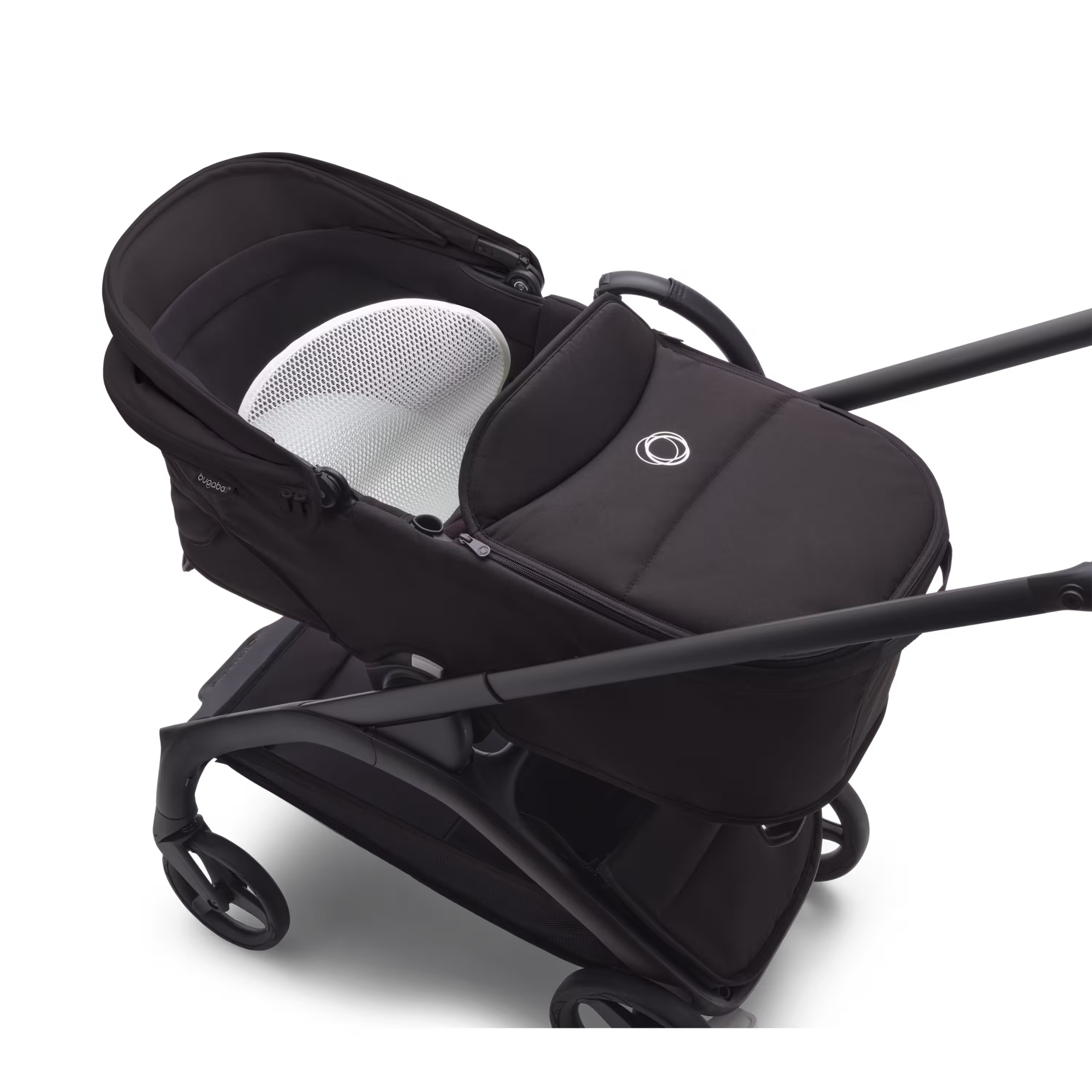 Bugaboo Dragonfly bassinet and seat stroller black base, midnight black fabrics, forest green sun canopy - Main Modal Image Slide 11 van 15