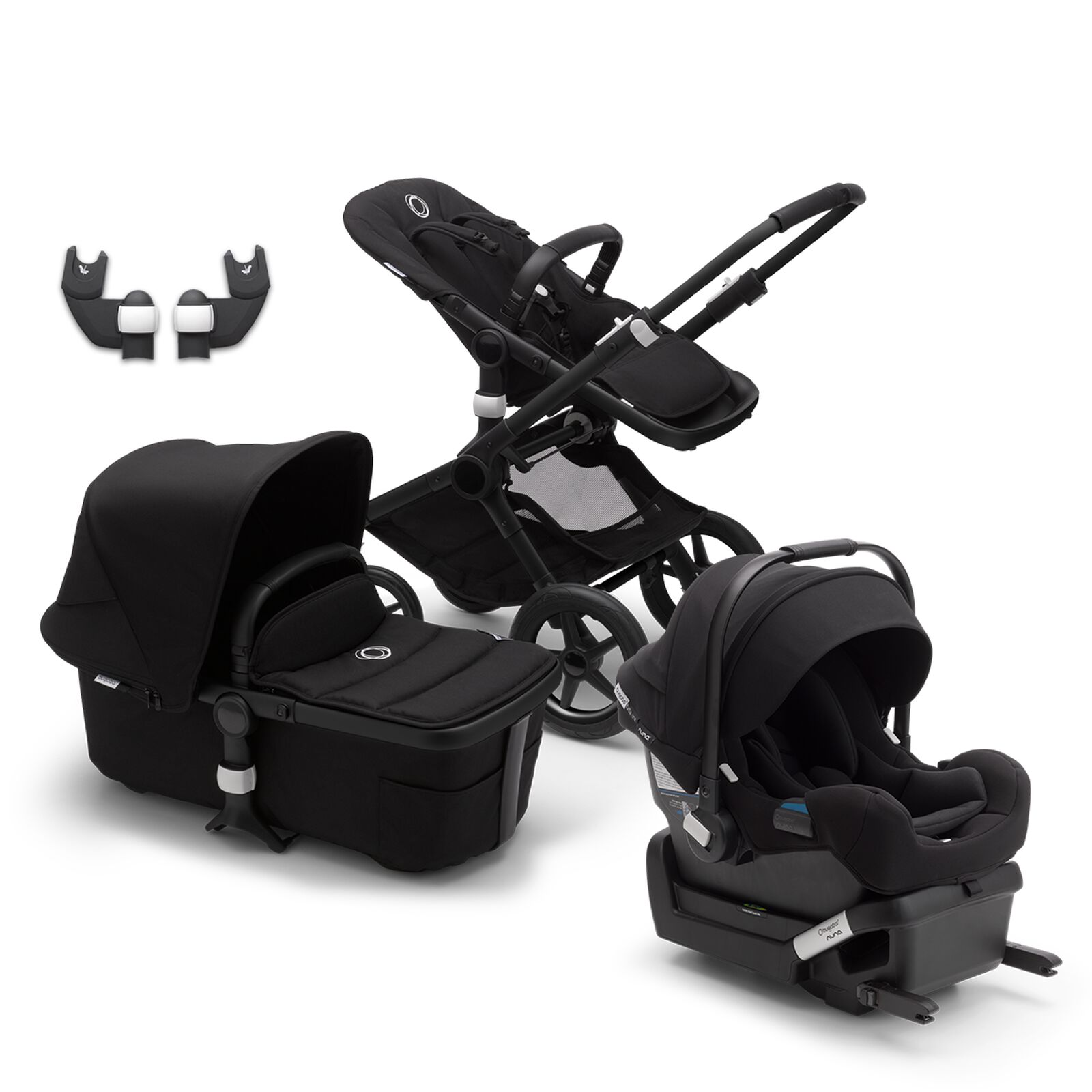Bugaboo Fox 2 and Turtle One by Nuna bundle black sun canopy, black fabrics, black chassis