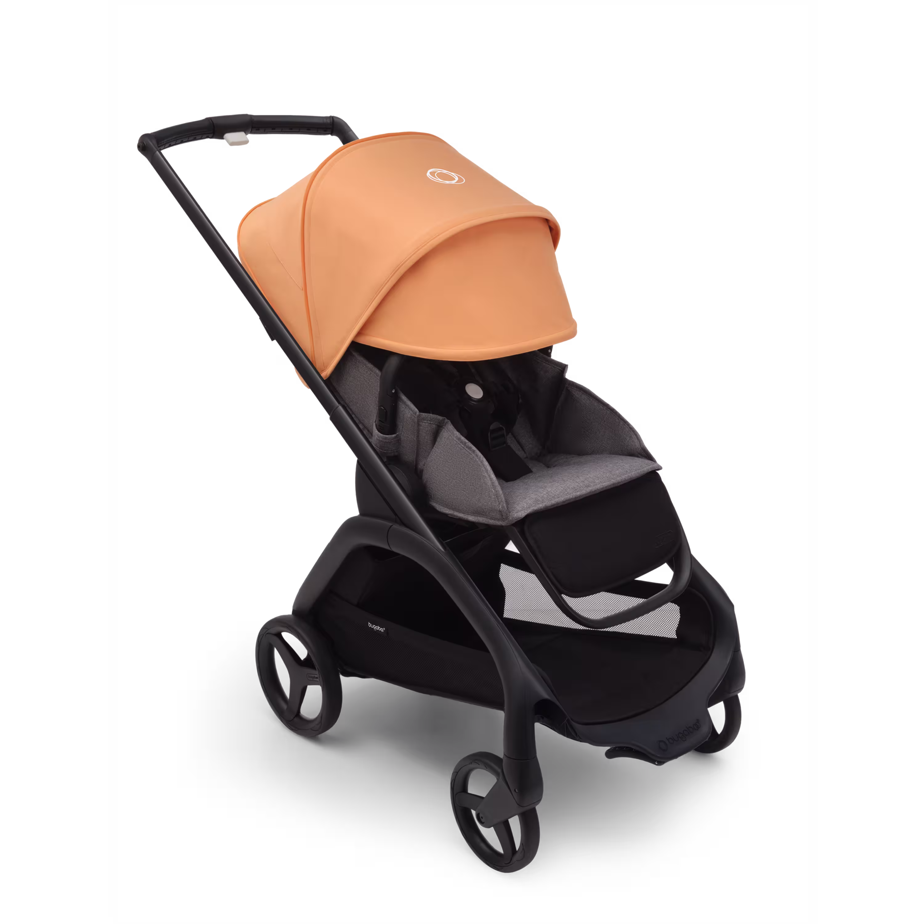 Bugaboo Dragonfly Sitz-Kinderwagen mit schwarzem Fahrgestell, grau meliertem Stoff und korallenfarbenem Sonnendach. Das Sonnendach ist vollständig ausgefahren. - Main Modal Image Slide 3 of 16