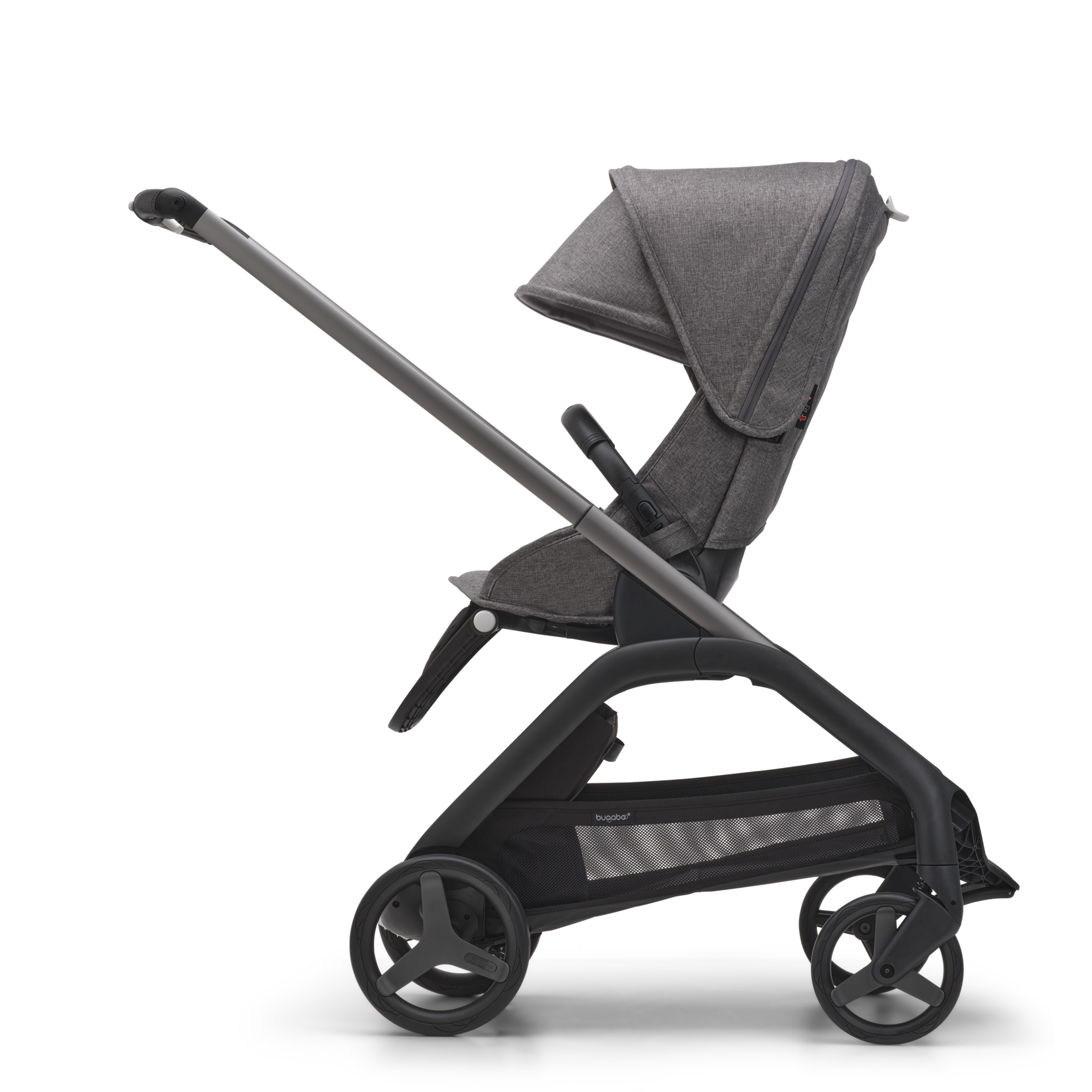 Side view of the Bugaboo Dragonfly seat stroller with graphite chassis, grey melange fabrics and grey melange sun canopy. - Thumbnail Slide 2 of 15
