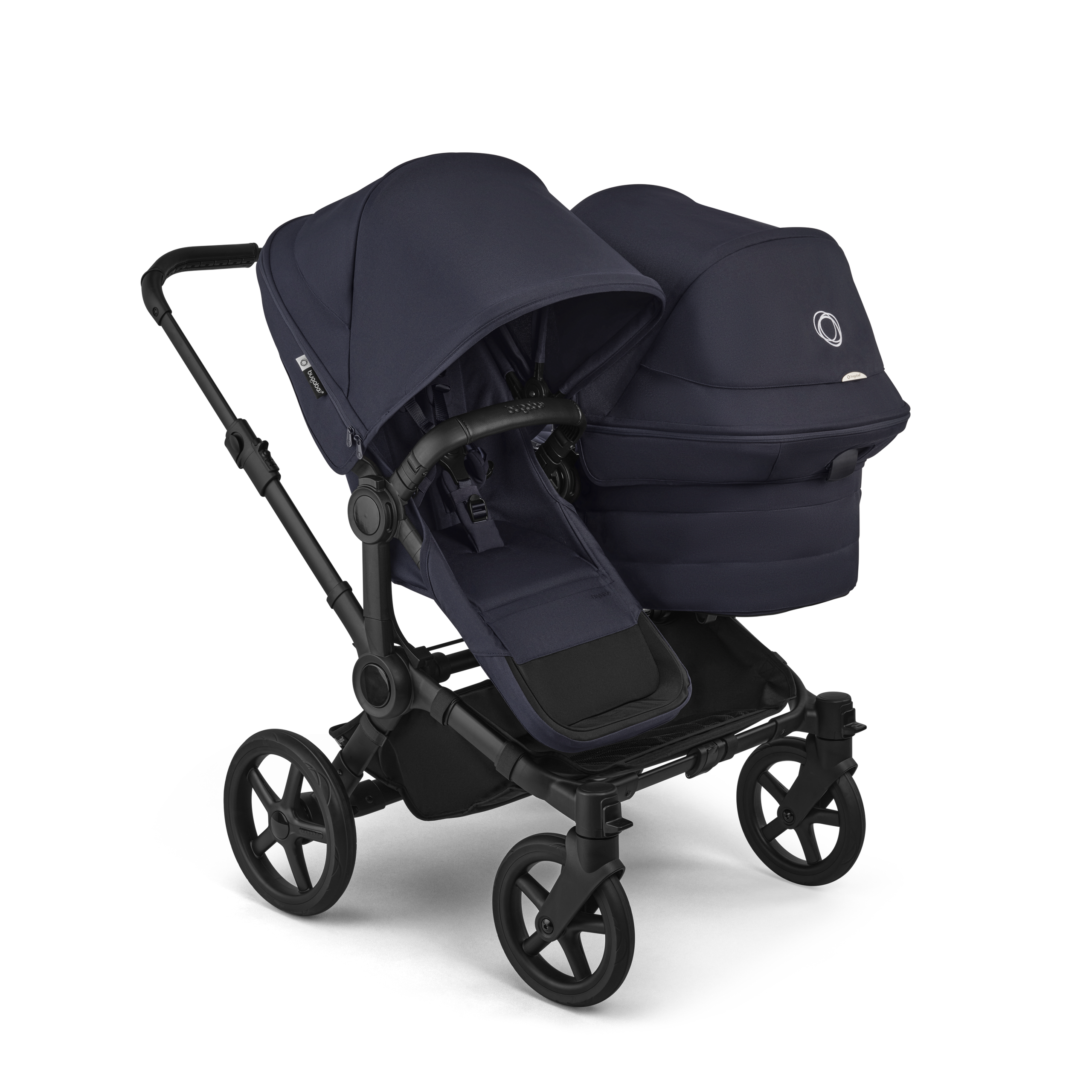 Bugaboo Donkey 6 double pushchair black base, deep indigo fabrics, deep indigo sun canopy - Thumbnail Slide 1 of 10