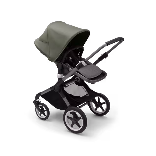 Bugaboo Fox 3 seat stroller with graphite frame, grey melange fabrics, and forest green sun canopy. - Main Image Slide 6 of 7