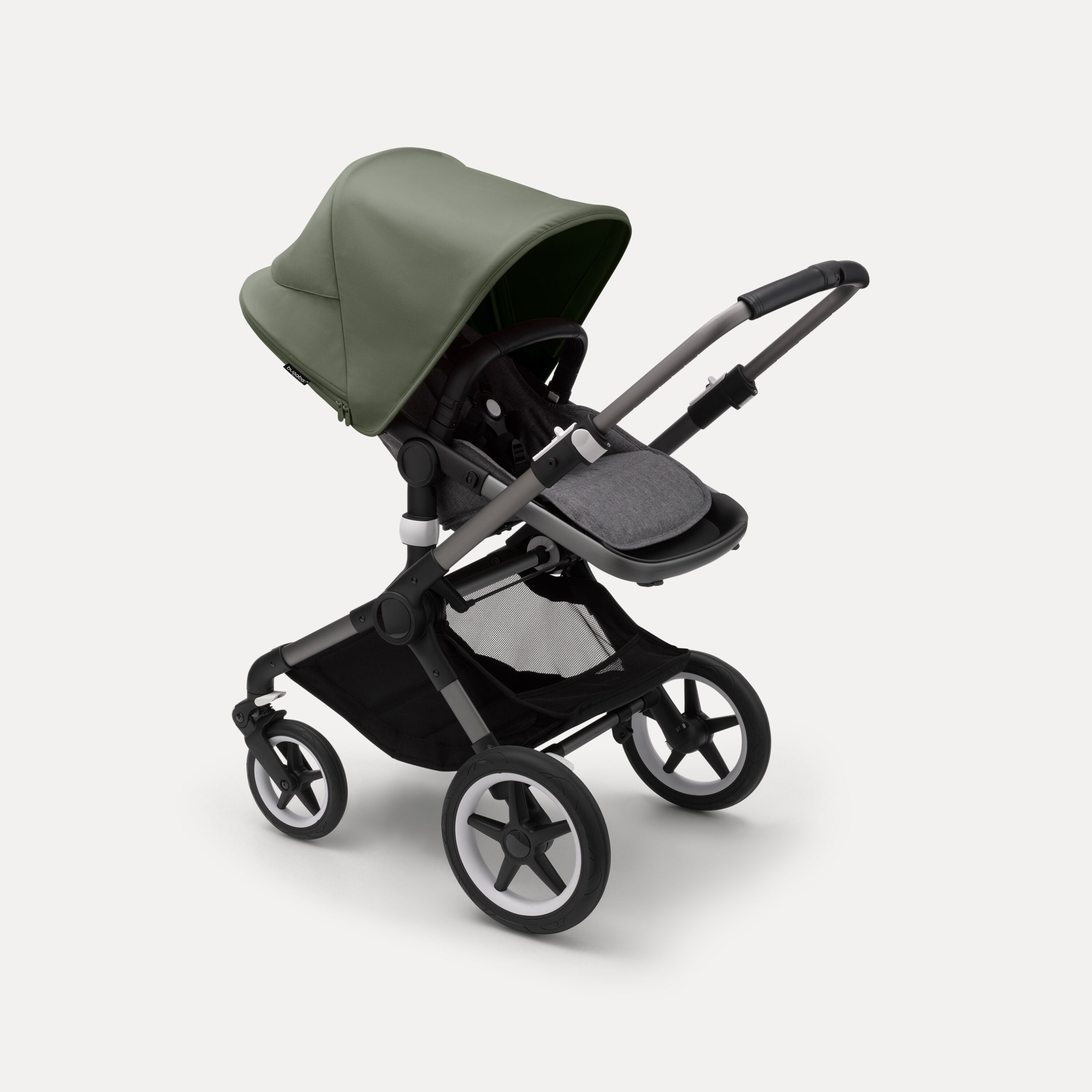 Bugaboo Fox 3 seat stroller with graphite frame, grey melange fabrics, and forest green sun canopy. - Main Modal Image Slide 6 of 7