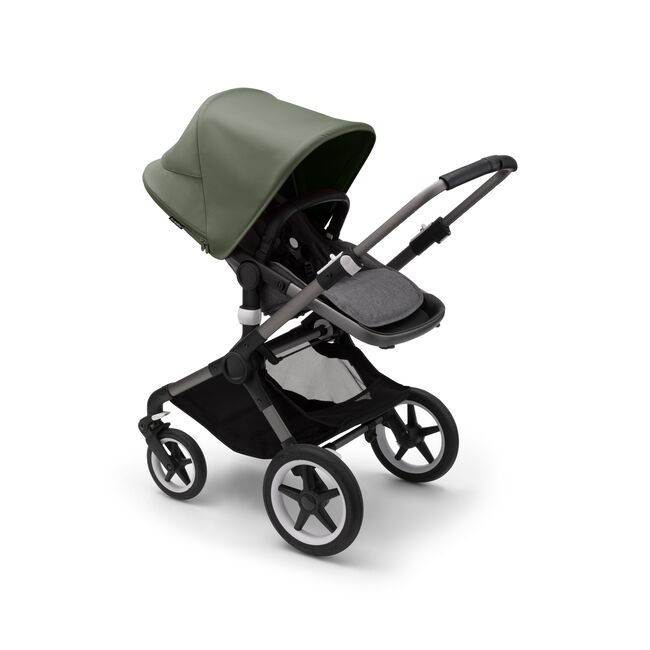Bugaboo Fox 3 seat stroller with graphite frame, grey melange fabrics, and forest green sun canopy. - Main Image Slide 6 of 7