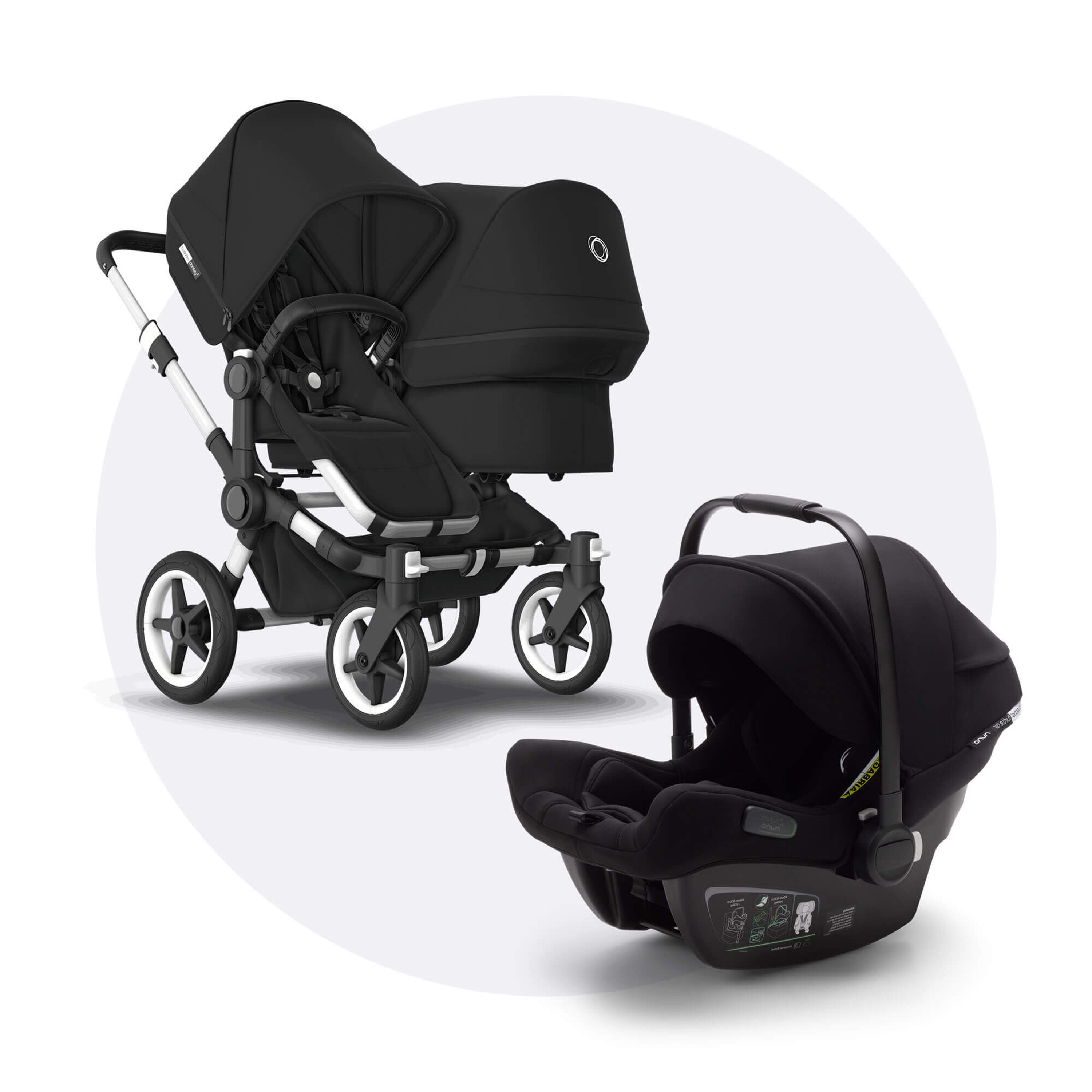 Bugaboo Donkey 3 Duo travel system black sun canopy, black fabrics, aluminium base - Main Modal Image Slide 1 of 11