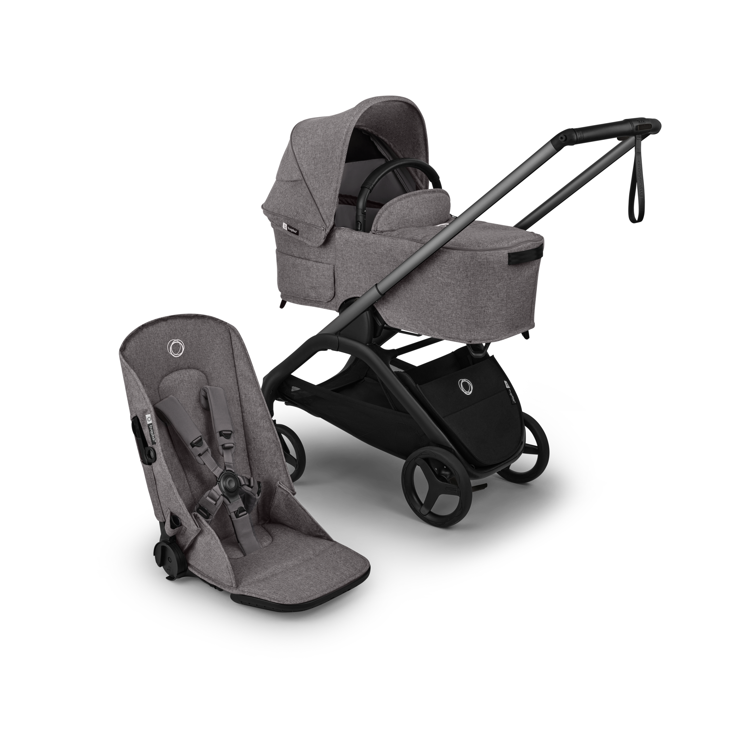 Bugaboo Dragonfly Plus 2-in-1 stroller graphite base, grey melange fabrics, grey melange sun canopy  - Thumbnail Slide 1 of 11