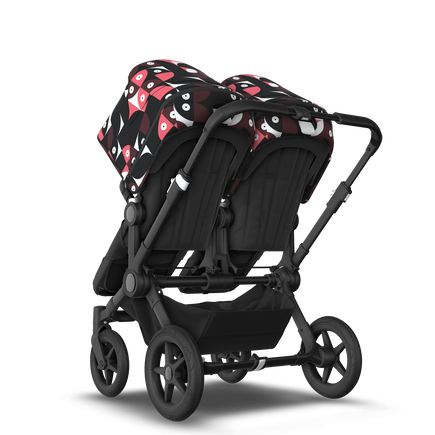 Bugaboo Donkey 5 Twin bassinet and seat stroller black base, midnight black fabrics, animal explorer pink/red sun canopy - view 2