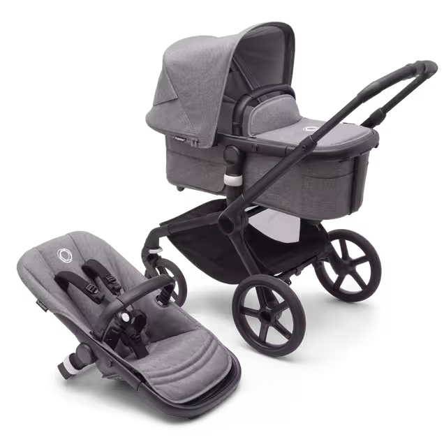 Bugaboo Fox 5 carrycot and seat pushchair with black chassis, grey melange fabrics and grey melange sun canopy. - Main Image Slide 1 of 13