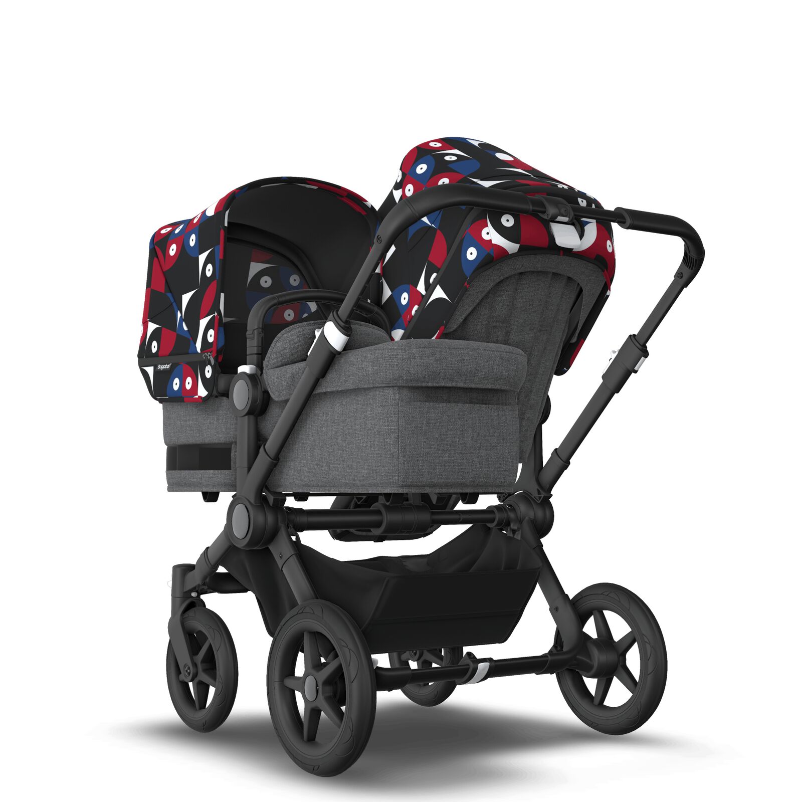 Bugaboo Donkey 5 Duo bassinet and seat stroller black base, grey mélange fabrics, animal explorer red/ blue sun canopy