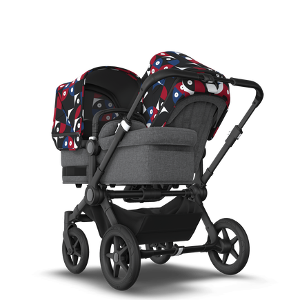 Bugaboo Donkey 5 Duo bassinet and seat stroller black base, grey mélange fabrics, animal explorer red/ blue sun canopy