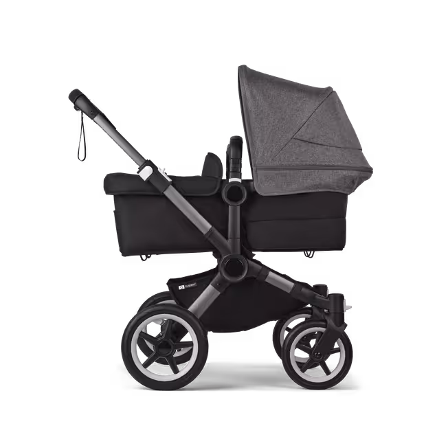 Bugaboo Donkey 5 twin stroller graphite base, midnight black fabrics, grey mélange sun canopy - Main Image Slide 2 of 12