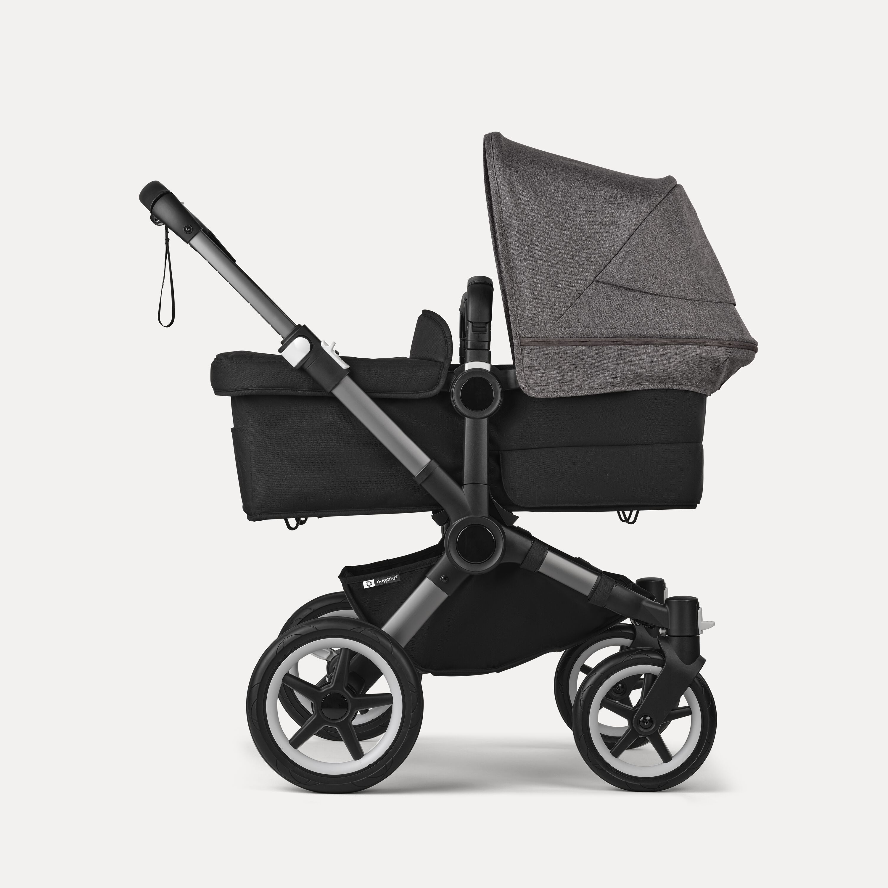 Bugaboo Donkey 5 twin stroller graphite base, midnight black fabrics, grey mélange sun canopy - Main Modal Image Slide 2 of 12
