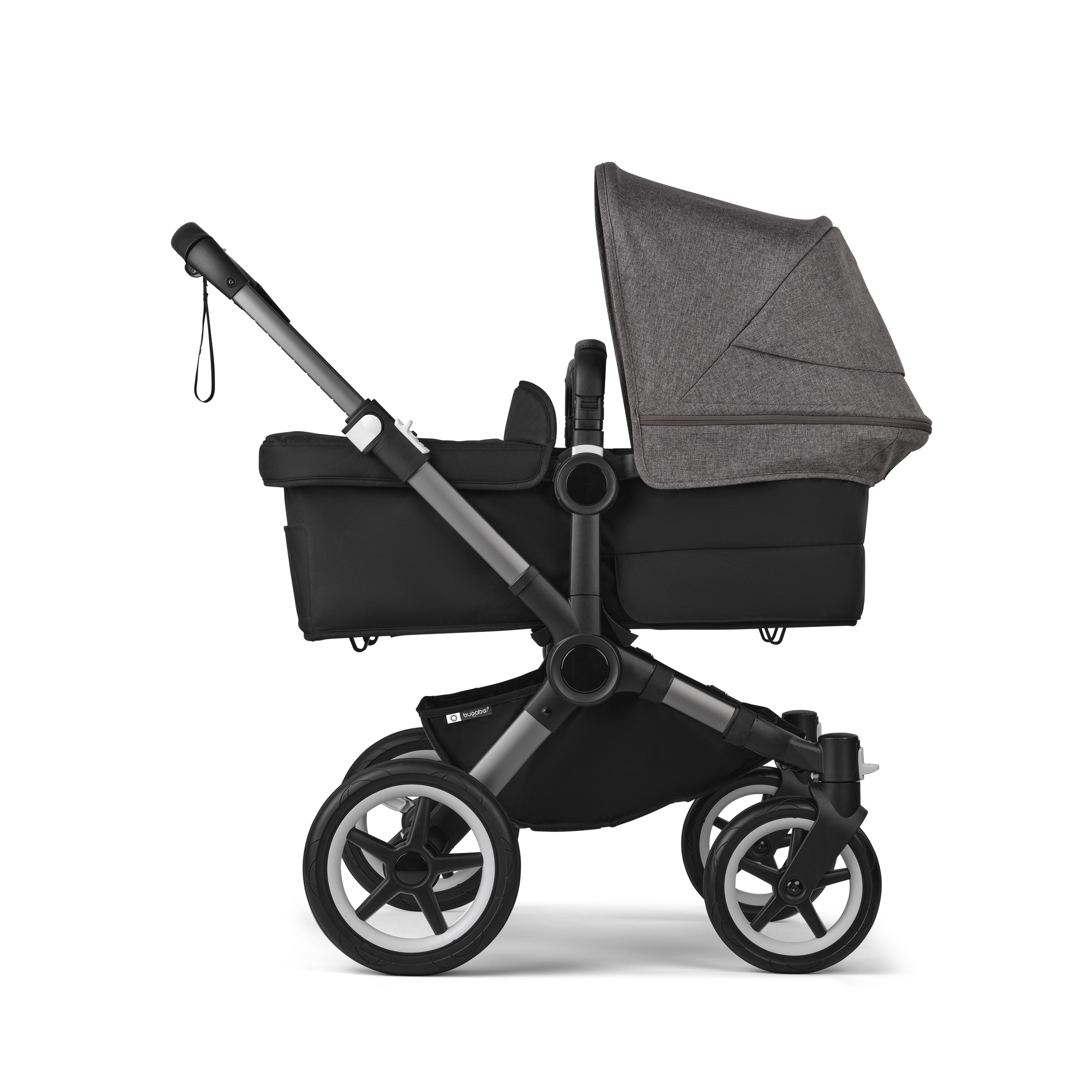 Bugaboo Donkey 5 twin stroller graphite base, midnight black fabrics, grey mélange sun canopy - Thumbnail Slide 2 of 12