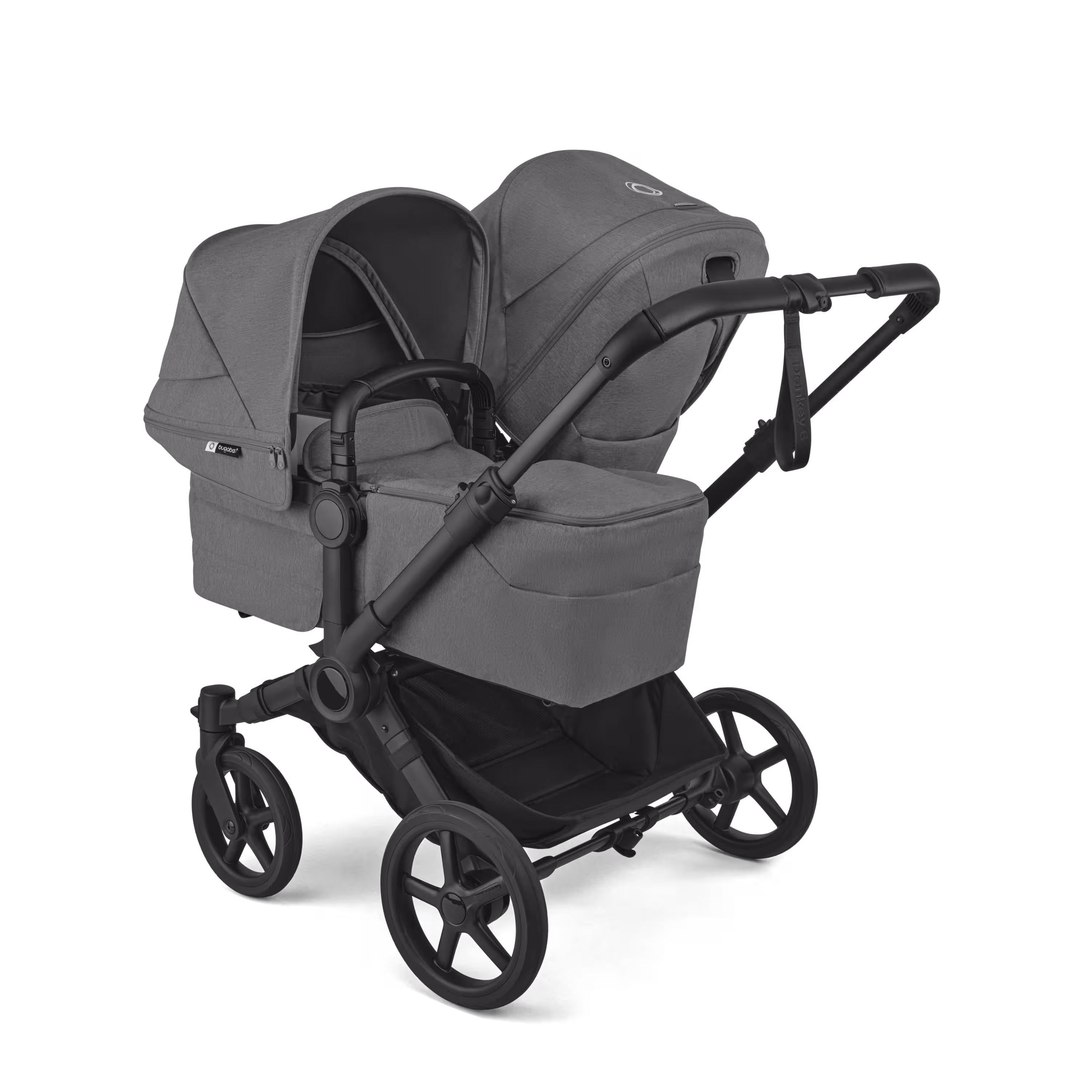 Bugaboo Donkey 6 double stroller black base, moon grey fabrics, moon grey sun canopy view 2 - Main Modal Image Slide 2 of 10