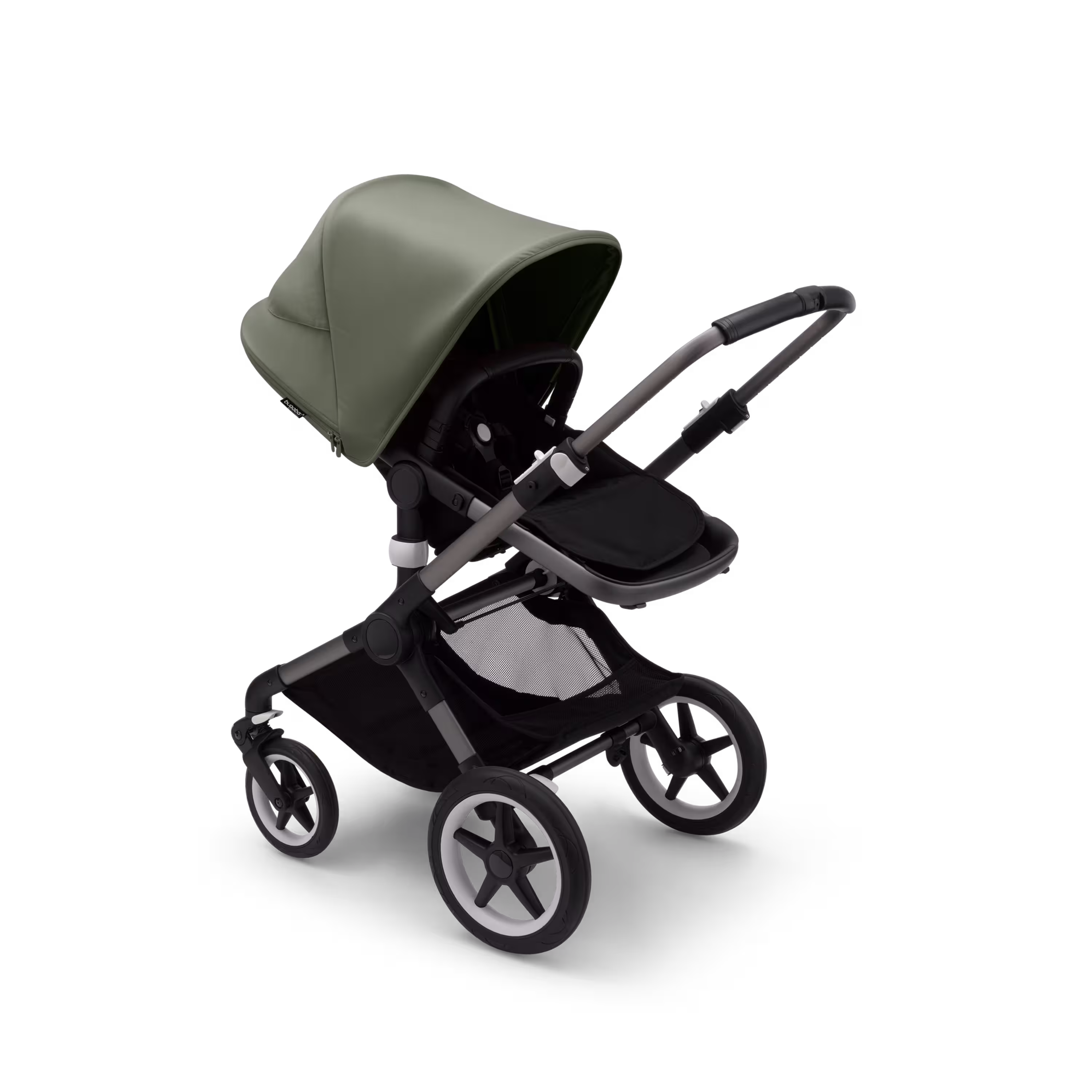 Bugaboo Fox 3 seat stroller with graphite frame, black fabrics, and forest green sun canopy. - Main Modal Image Slide 6 of 7