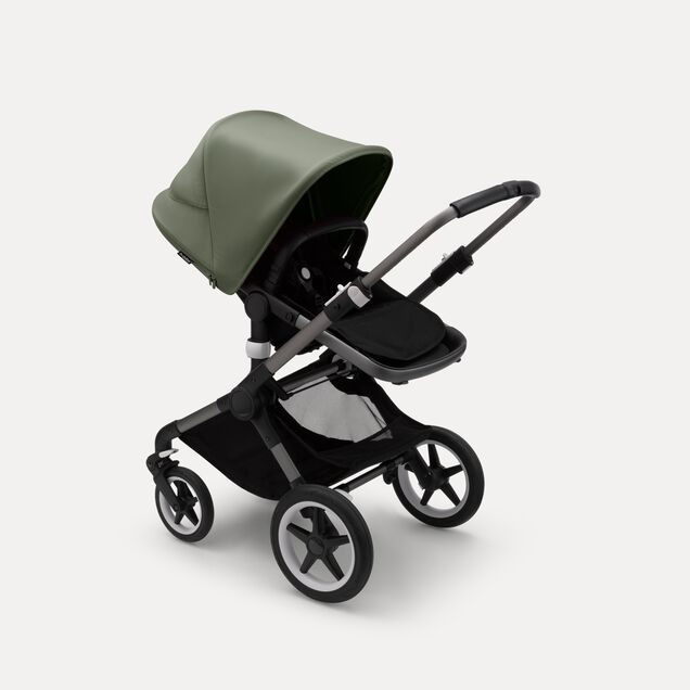 Bugaboo Fox 3 seat stroller with graphite frame, black fabrics, and forest green sun canopy. - Main Image Slide 6 of 7