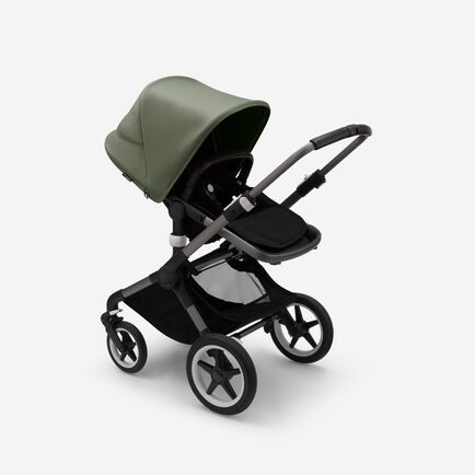 Bugaboo Fox 3 seat stroller with graphite frame, black fabrics, and forest green sun canopy.