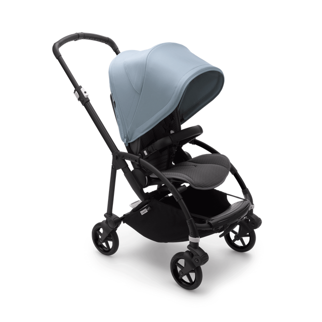 Bugaboo Bee 6 seat stroller vapor blue sun canopy, grey mélange fabrics, black base