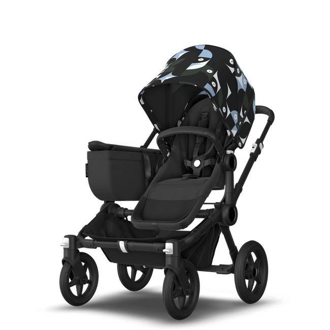 Bugaboo Donkey 5 Mono bassinet and seat stroller black base, midnight black fabrics, animal explorer green/ light blue sun canopy