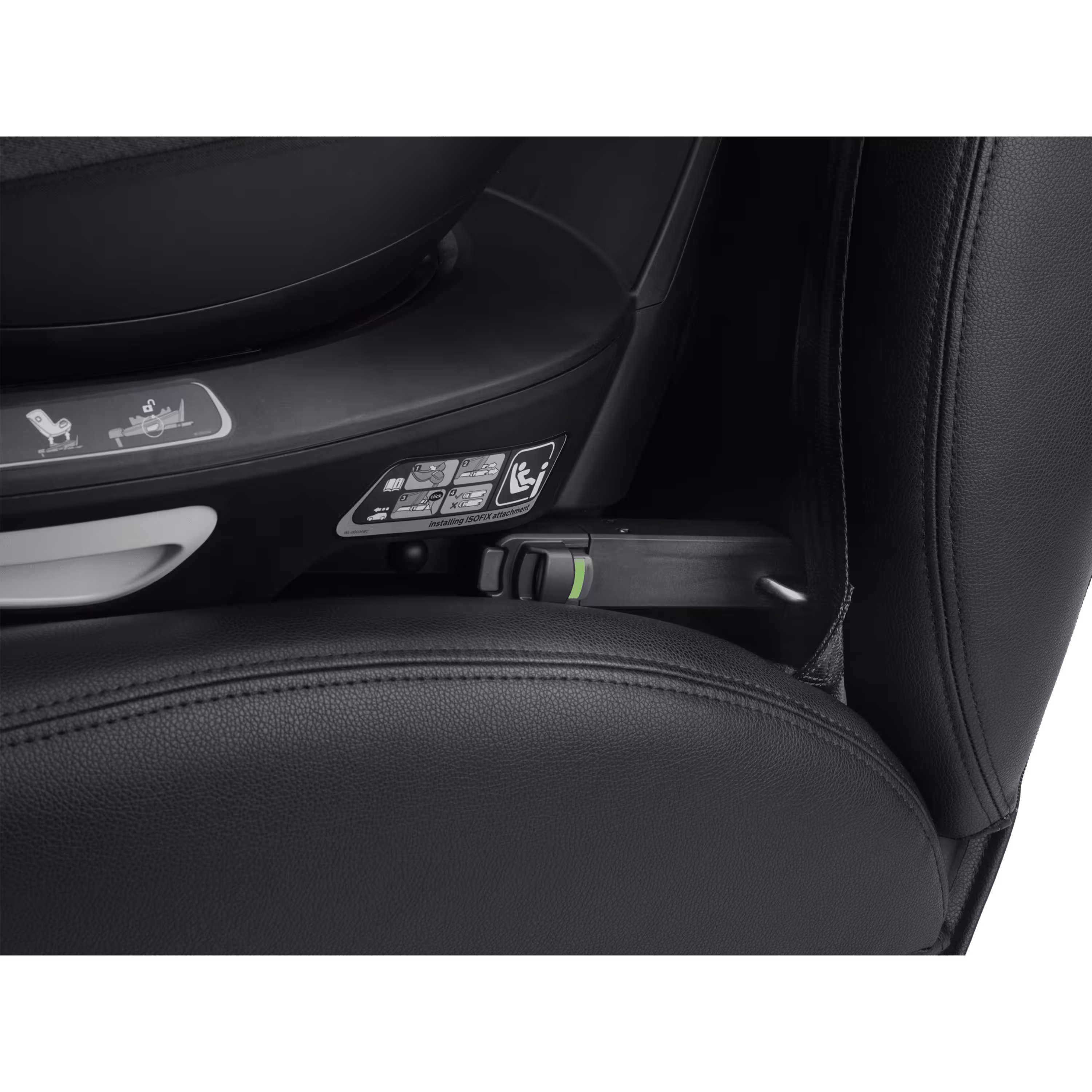 Close up of the ISOFIX connector between the Bugaboo 360 Base by Nuna and car. The indicator is green to signal correct installation. - Main Modal Image Slide 6 of 13