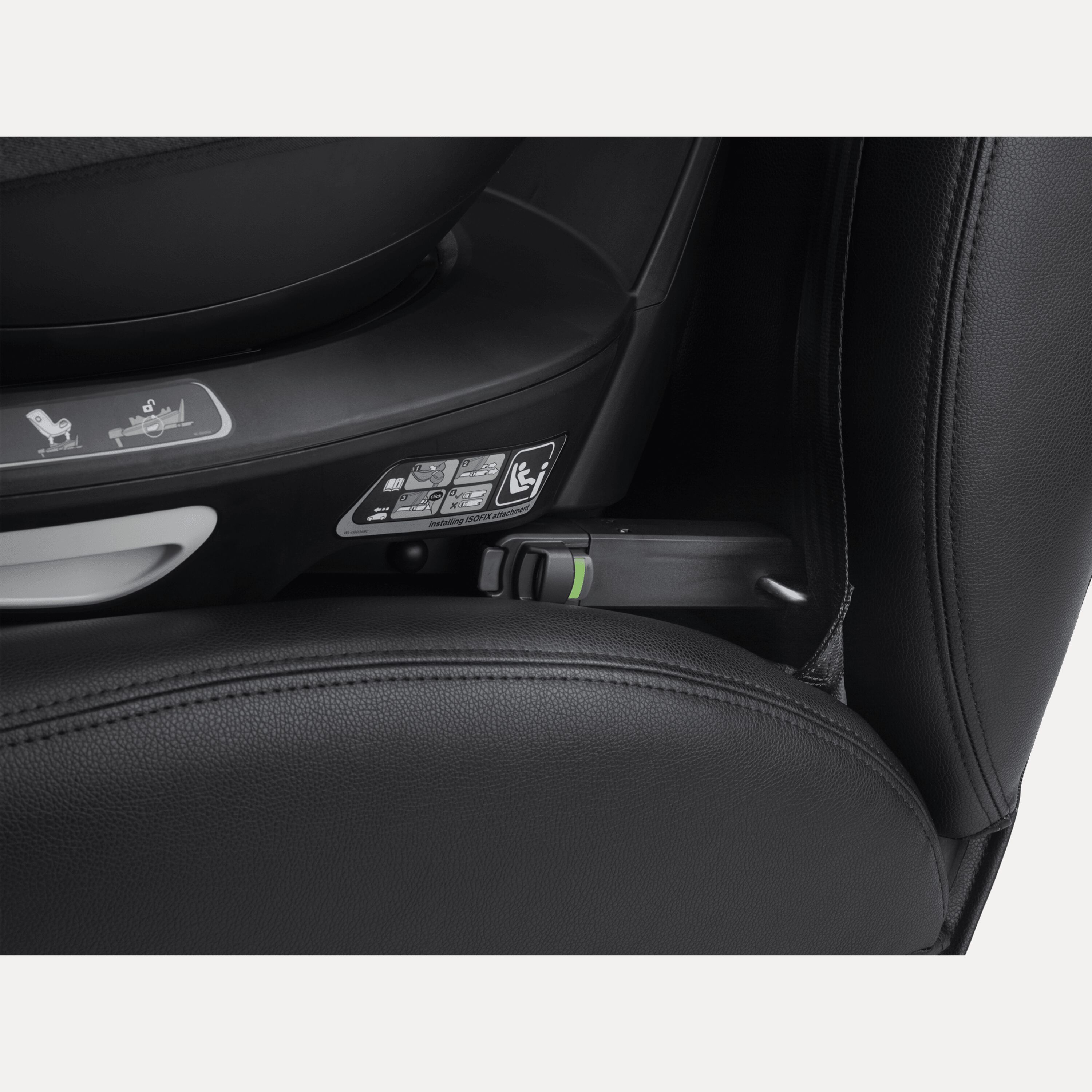 Close up of the ISOFIX connector between the Bugaboo 360 Base by Nuna and car. The indicator is green to signal correct installation. - Main Modal Image Slide 6 of 13