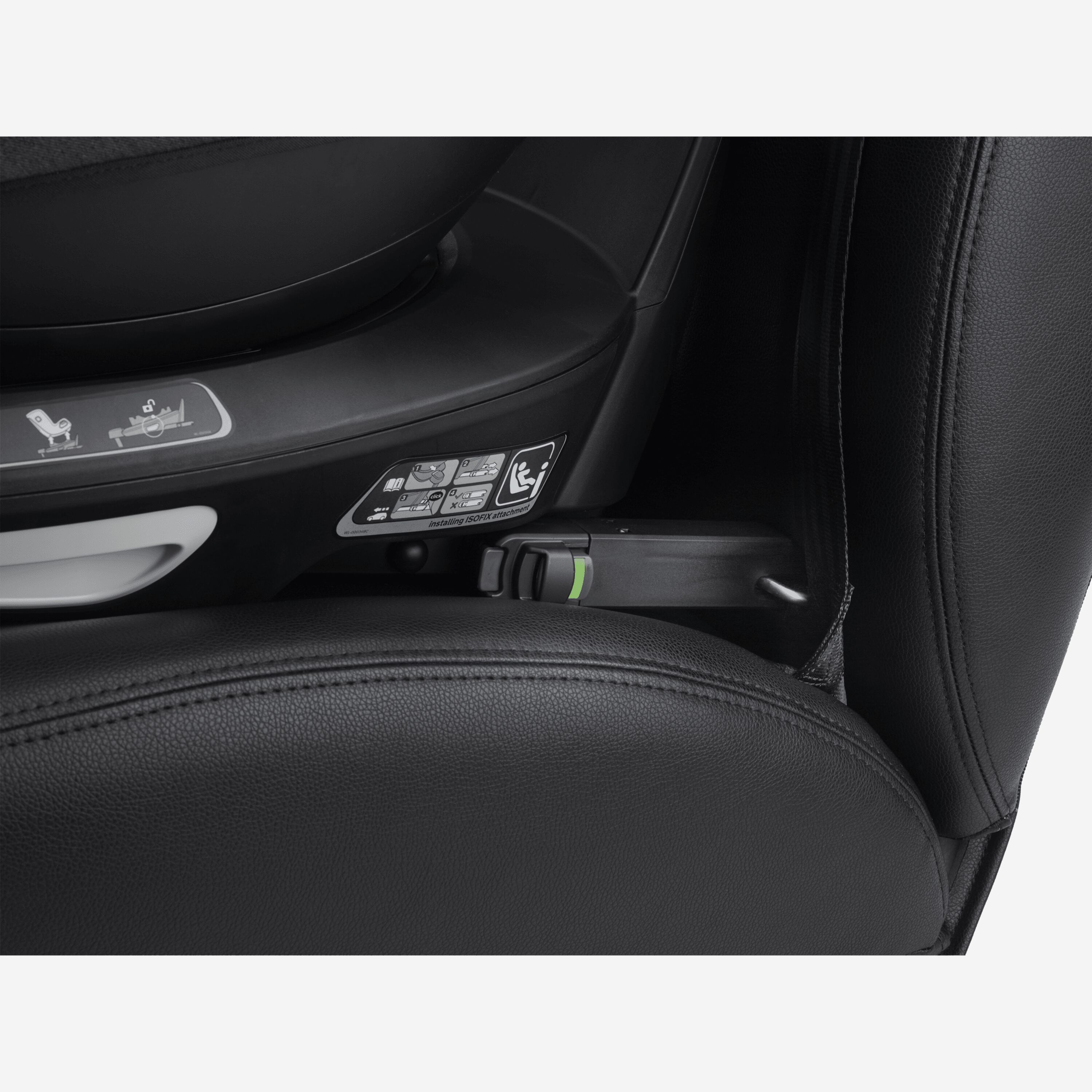 Close up of the ISOFIX connector between the Bugaboo 360 Base by Nuna and car. The indicator is green to signal correct installation. - Main Modal Image Slide 6 of 13