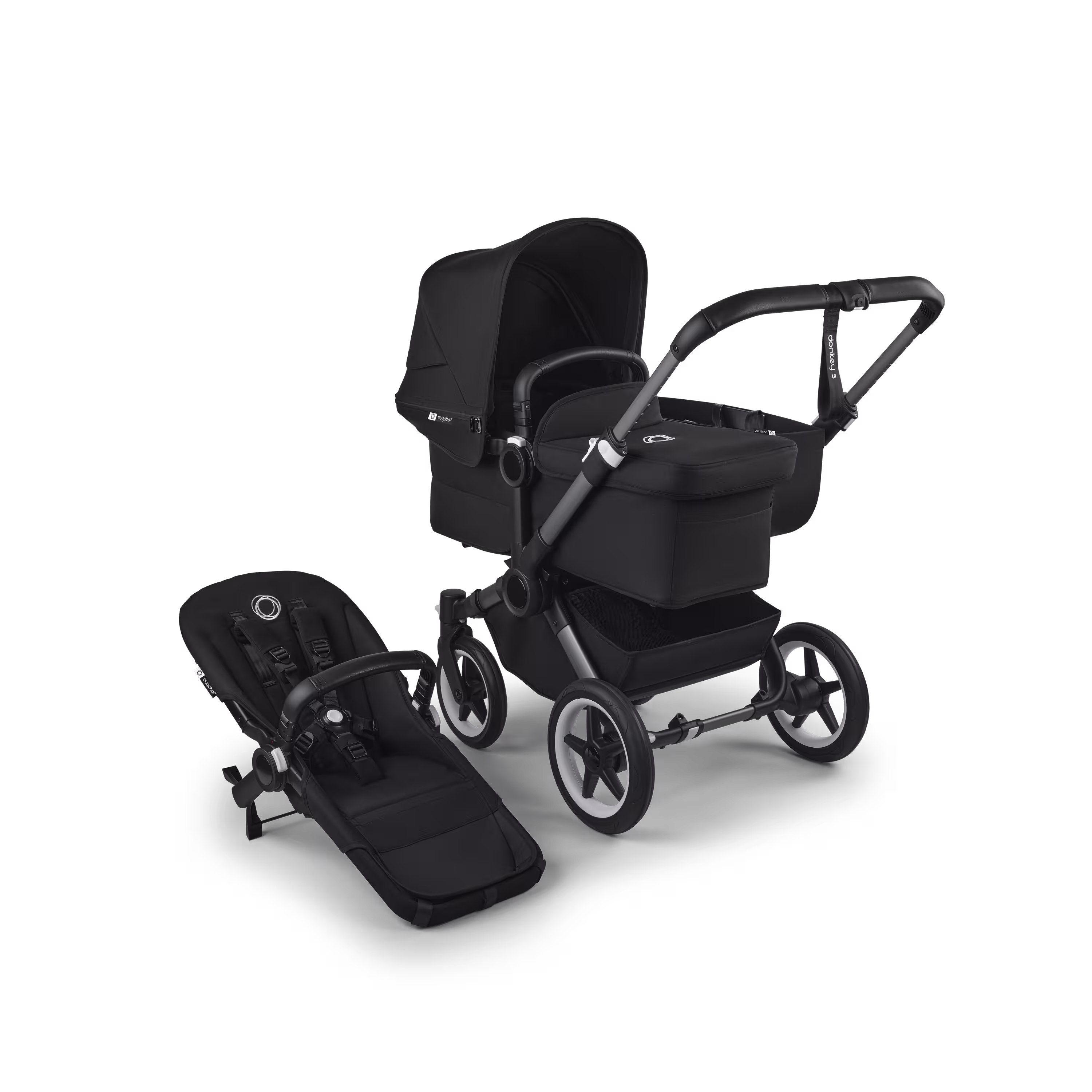 Refurbished Bugaboo Donkey 5 Mono bassinet and seat pushchair graphite base, midnight black fabrics, grey midnight black canopy - Main Modal Image Slide 1 of 1