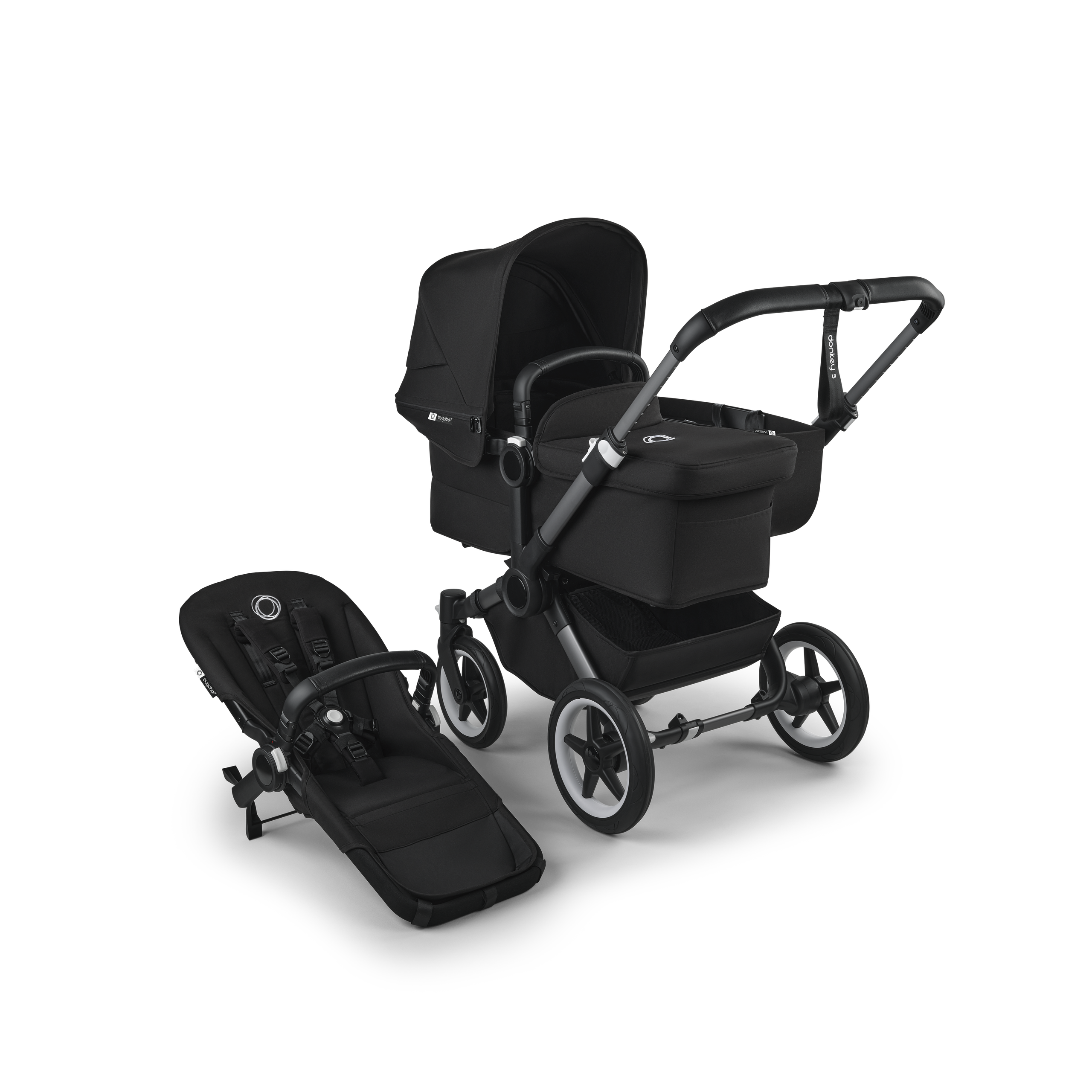 Refurbished Bugaboo Donkey 5 Mono bassinet and seat pushchair graphite base, midnight black fabrics, grey midnight black canopy - Thumbnail Slide 1 of 1
