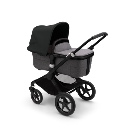 Bugaboo Fox 3 carrycot pushchair with black frame, grey fabrics, and black sun canopy. - view 2