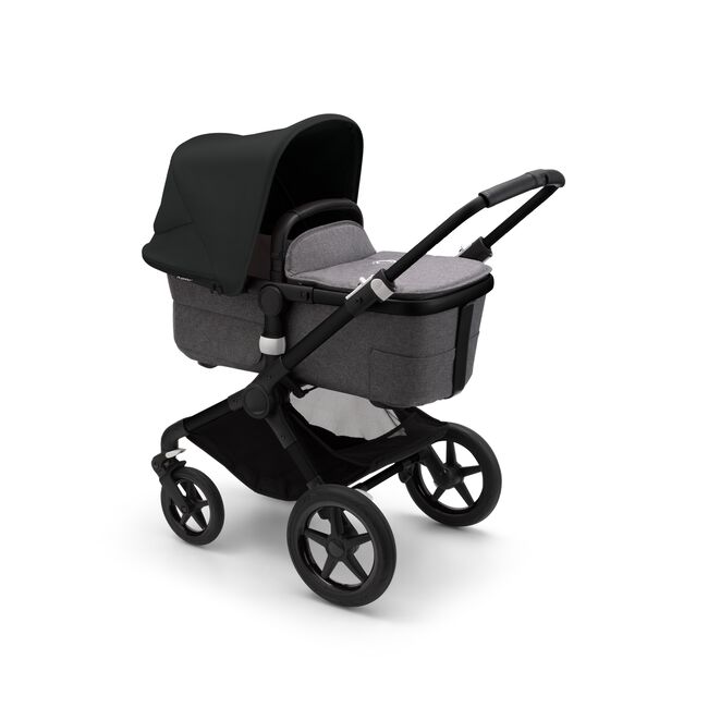 Bugaboo Fox 3 carrycot pushchair with black frame, grey fabrics, and black sun canopy. - Main Image Slide 2 of 7