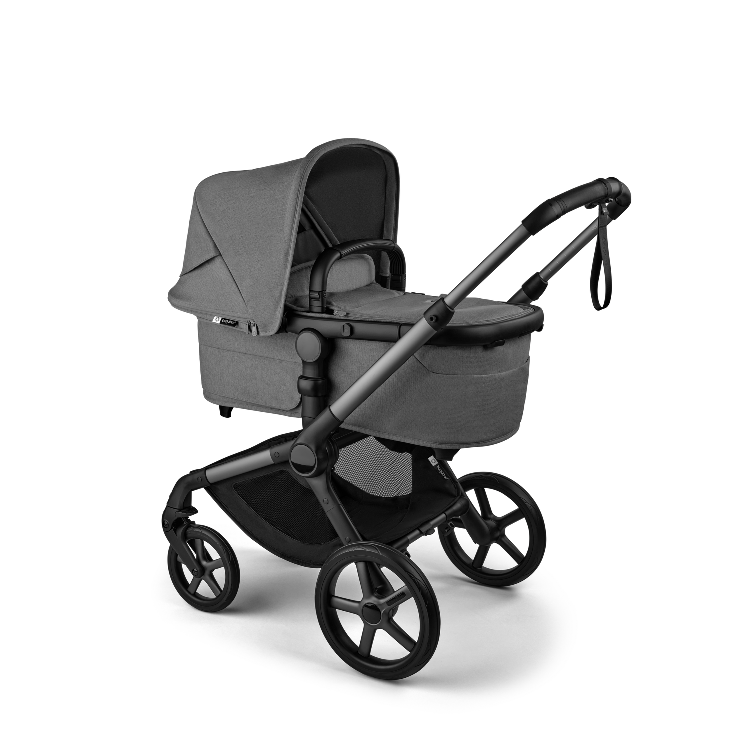 Bugaboo Fox 5 Renew bassinet newborn stroller, with graphite chassis, Moon Grey fabrics, and Moon Grey sun canopy. - Thumbnail Slide 2 of 12