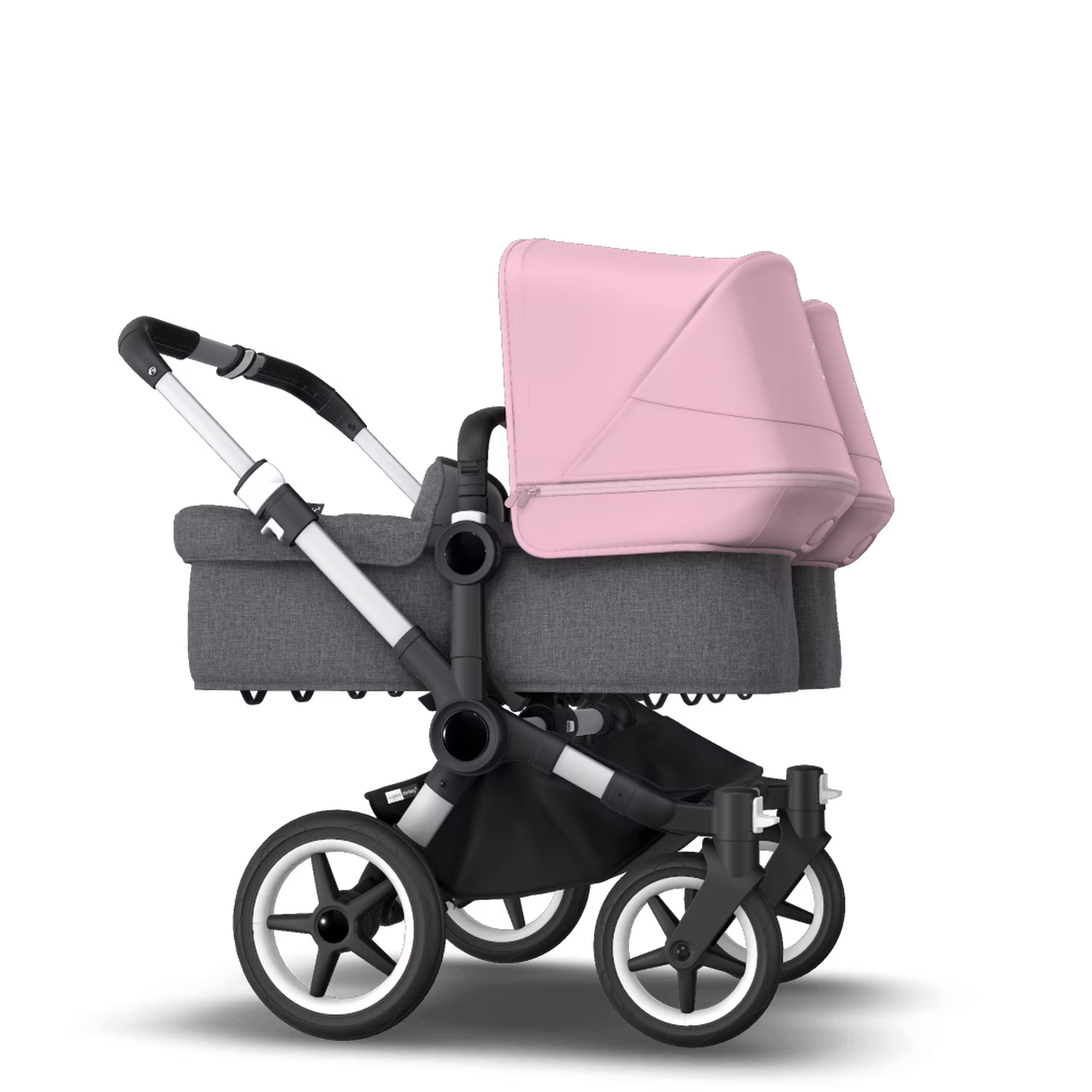 Bugaboo Donkey 3 Twin seat and carrycot pushchair soft pink sun canopy, grey melange fabrics, aluminium base - Main Modal Image Slide 4 of 9