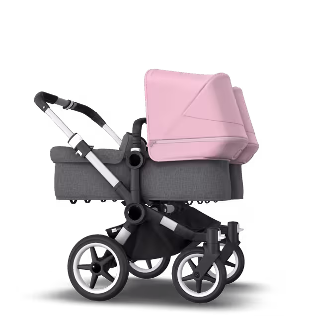 Bugaboo Donkey 3 Twin seat and carrycot pushchair soft pink sun canopy, grey melange fabrics, aluminium base - Main Image Slide 4 of 9