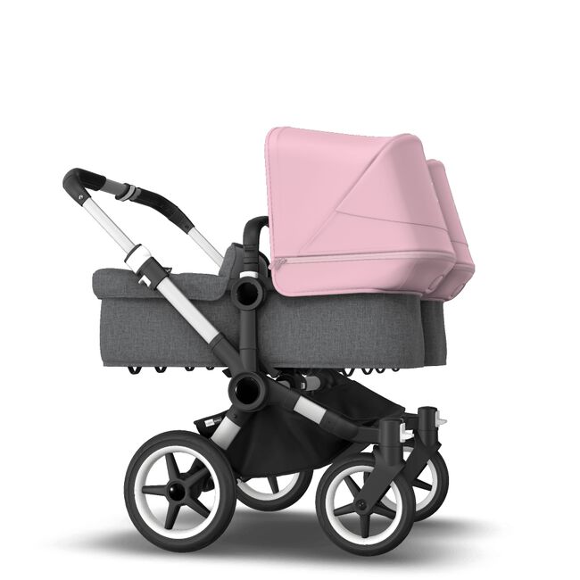 Bugaboo Donkey 3 Twin seat and carrycot pushchair soft pink sun canopy, grey melange fabrics, aluminium base - Main Image Slide 4 of 9