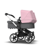 Bugaboo Donkey 3 Twin seat and carrycot pushchair soft pink sun canopy, grey melange fabrics, aluminium base - Thumbnail Slide 4 of 9