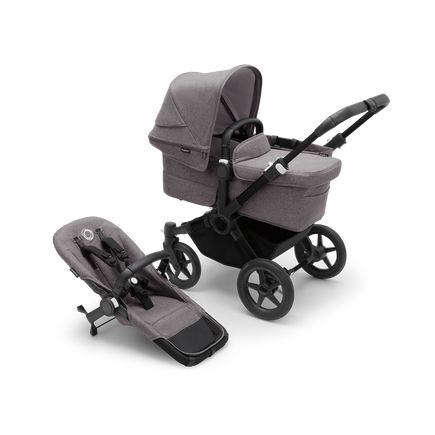Bugaboo Donkey 5 Mono bassinet stroller with black chassis, grey melange fabrics and grey melange sun canopy, plus seat.