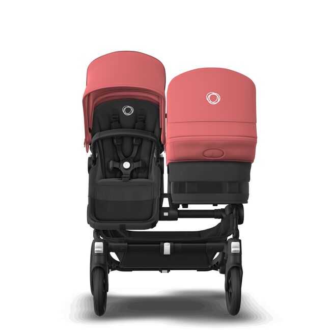 Bugaboo Donkey 5 Duo bassinet and seat stroller black base, midnight black fabrics, sunrise red sun canopy